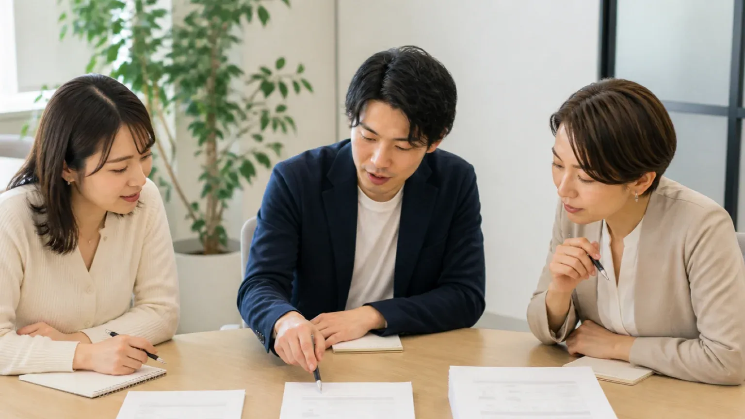 厚みの違う3種類の資料を並べてAI導入の費用相場を比較する3名の担当者