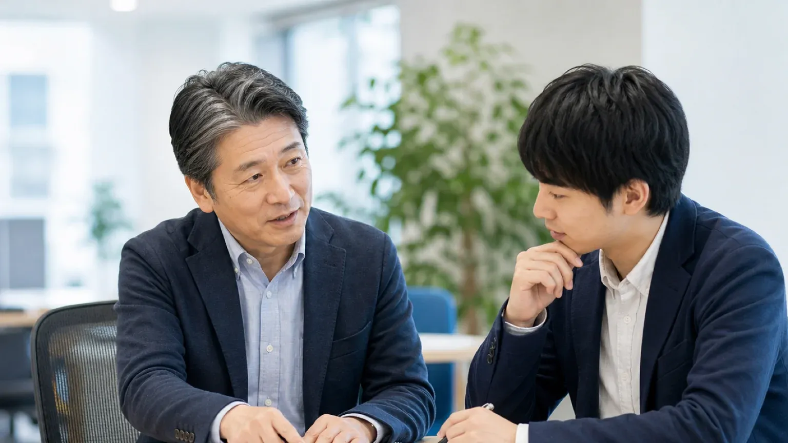先輩担当者と若手が並んで資料を見ながら分担を確認する打ち合わせ