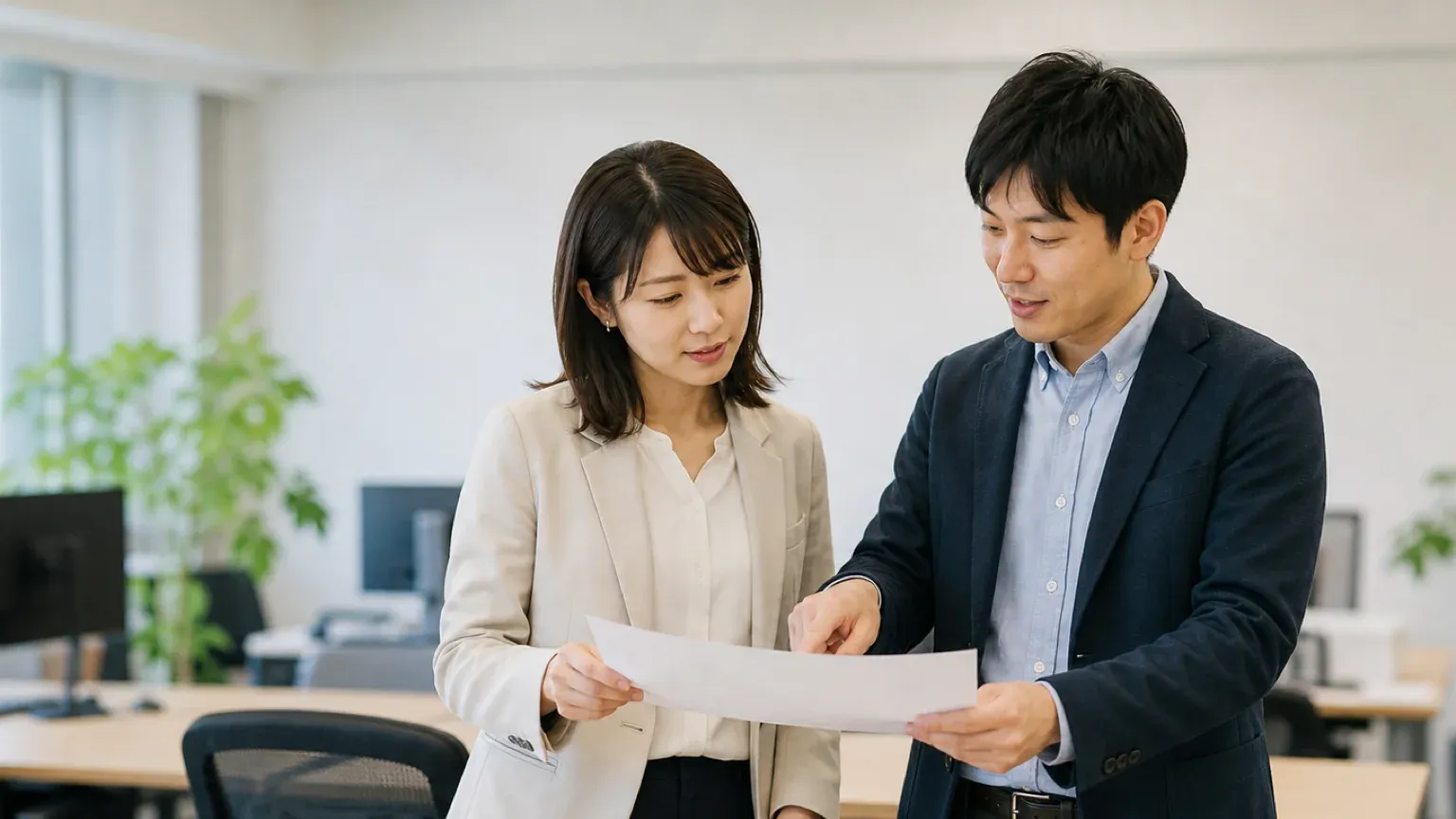 社内担当と支援会社の担当が役割分担を確認している打ち合わせ