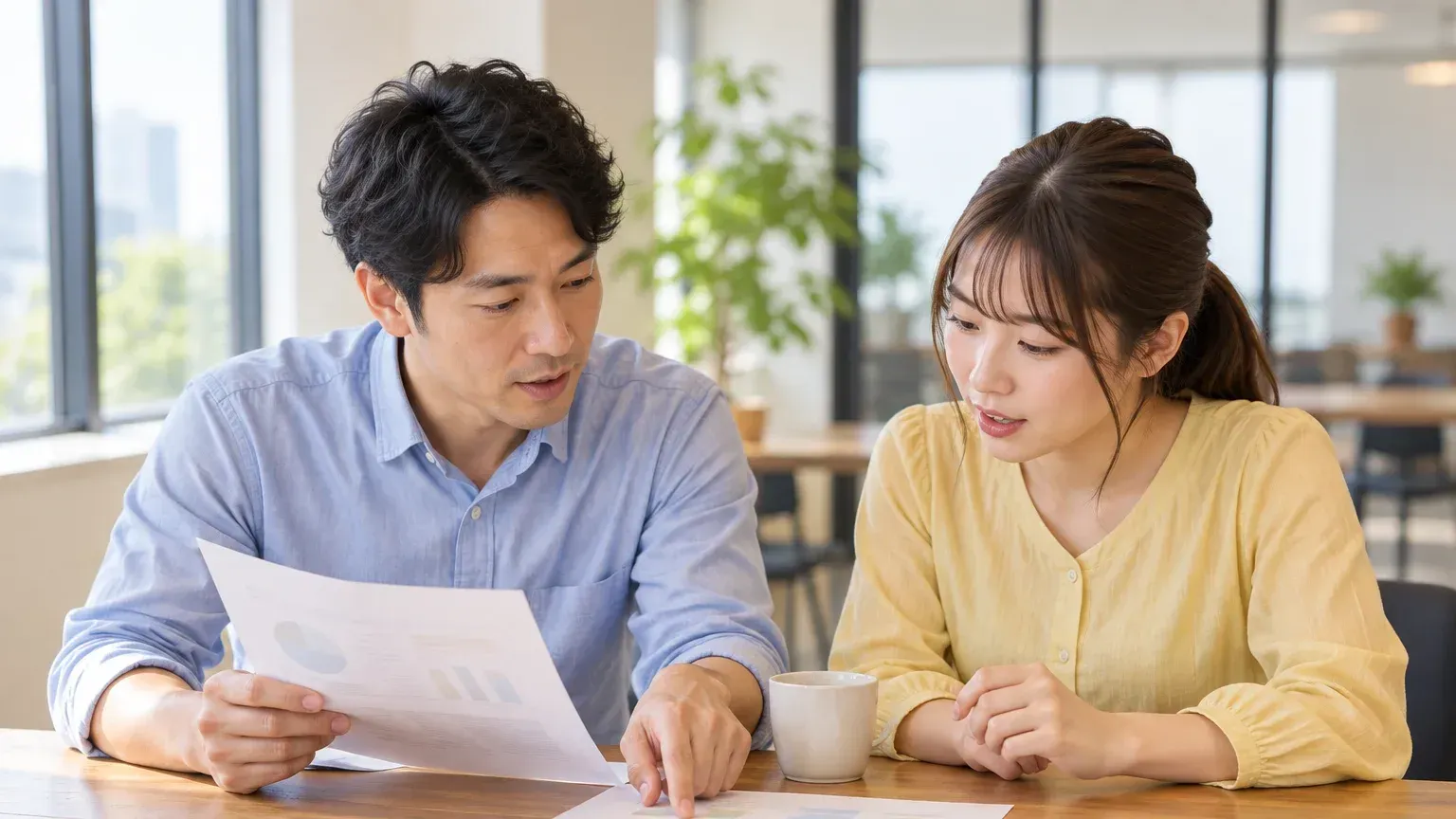 見積書を手に持ち、内容を指しながら想定件数を話し合っている担当者どうしの打ち合わせ