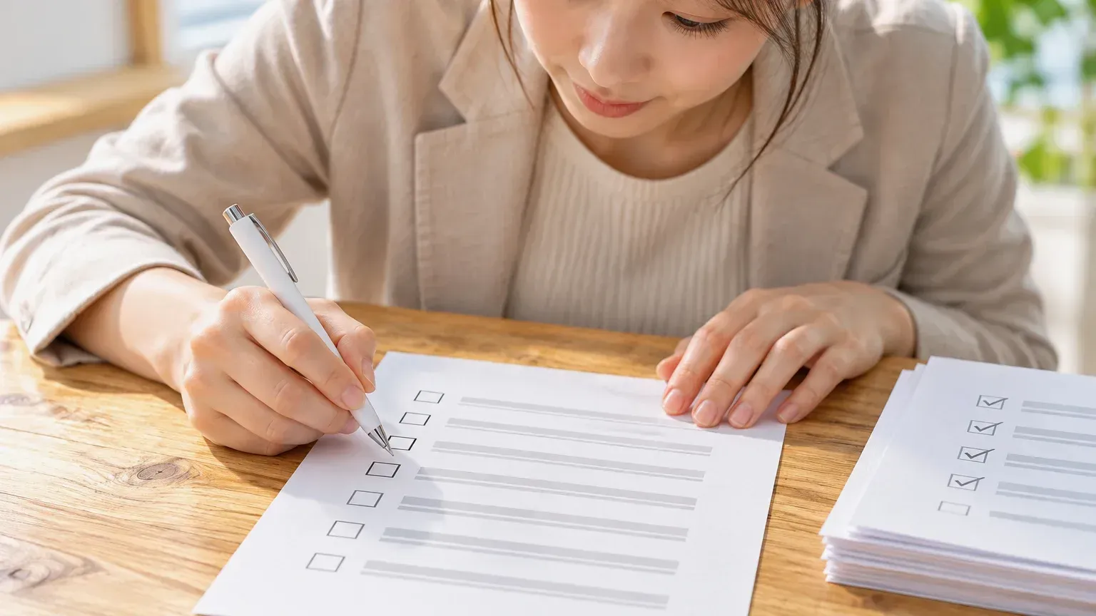画面から上がってきた処理結果を紙に印刷して一件ずつ確認している担当者の手元