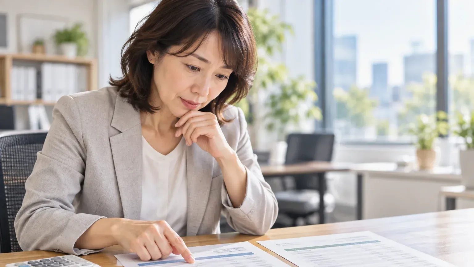 並べた2枚の見積書の1行に指を置いて内容を見比べている発注側の担当者
