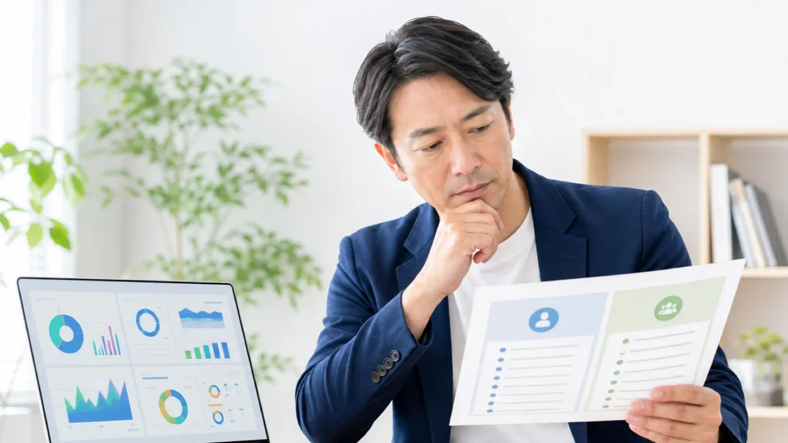 AI開発を内製と外注で比較検討する発注担当者とAIダッシュボード