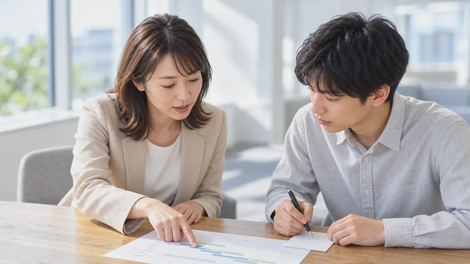 開発会社から出てきた予定表を発注側の担当者どうしで指しながら確認している場面