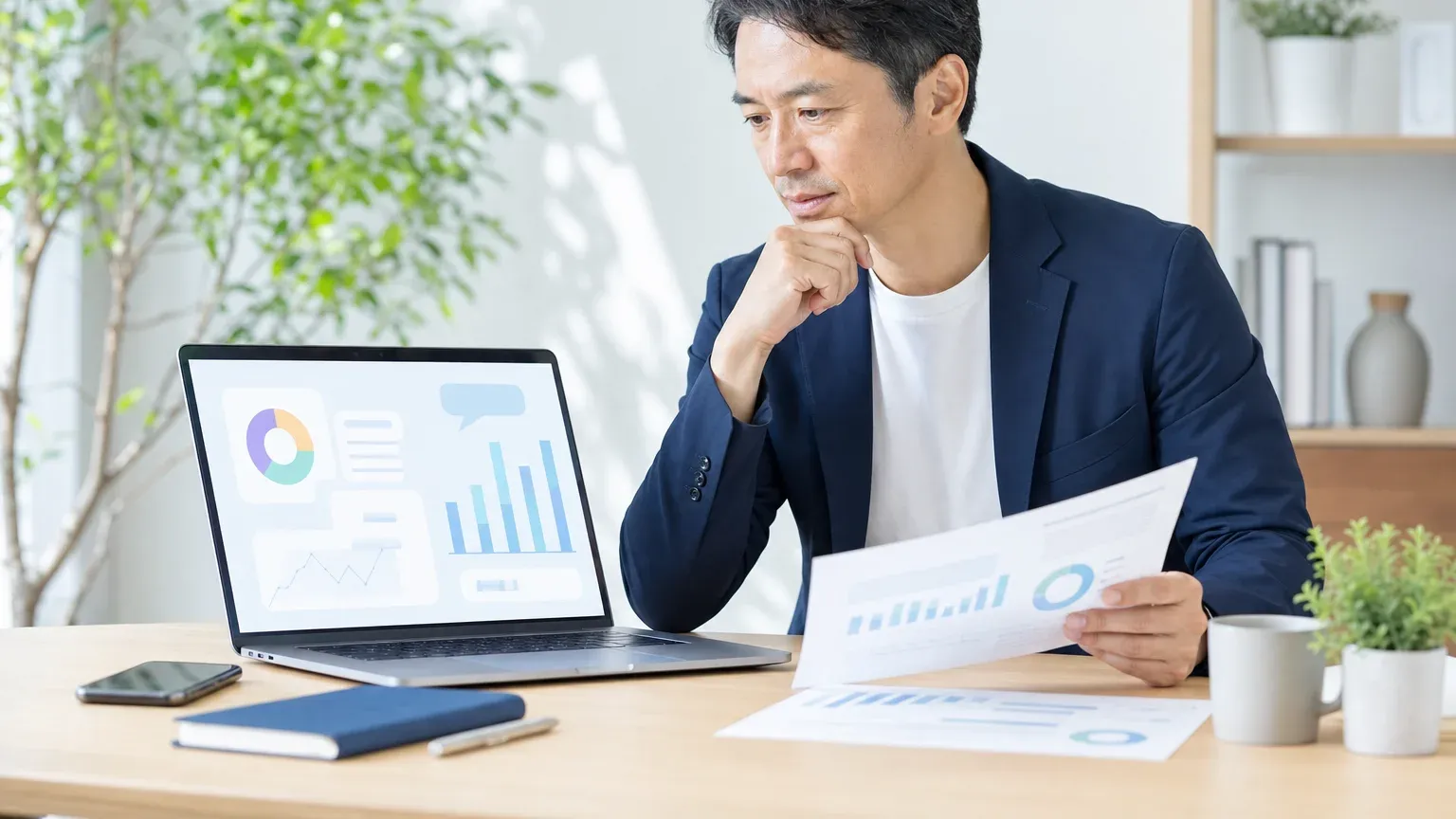 AI開発の依頼先と外注の進め方をAIダッシュボードと資料で検討する発注担当者