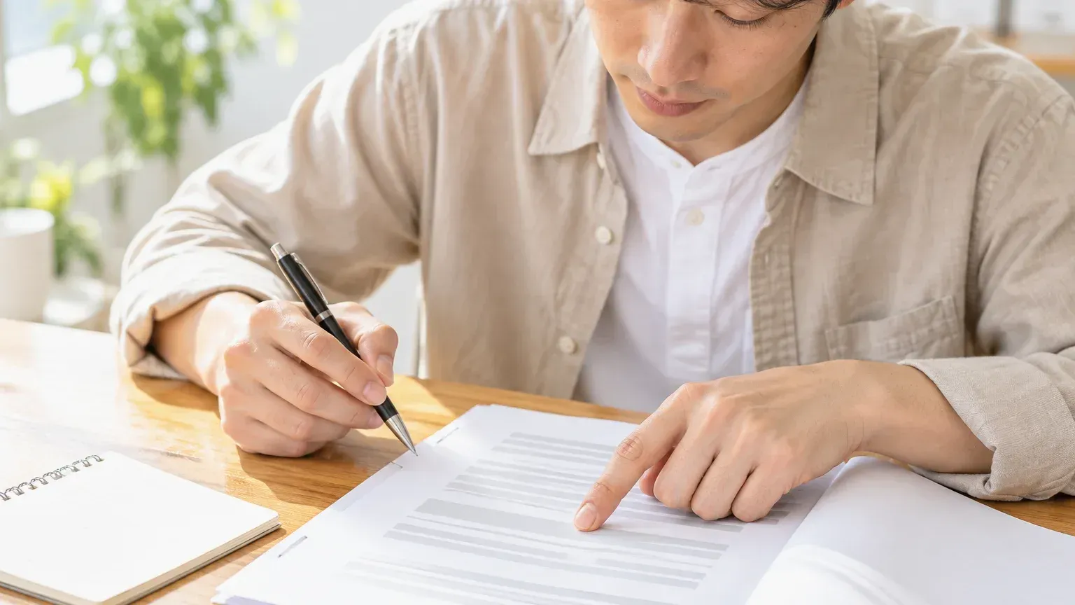 契約書の条項に指を置いて段階ごとの契約形態を確認している担当者の手元