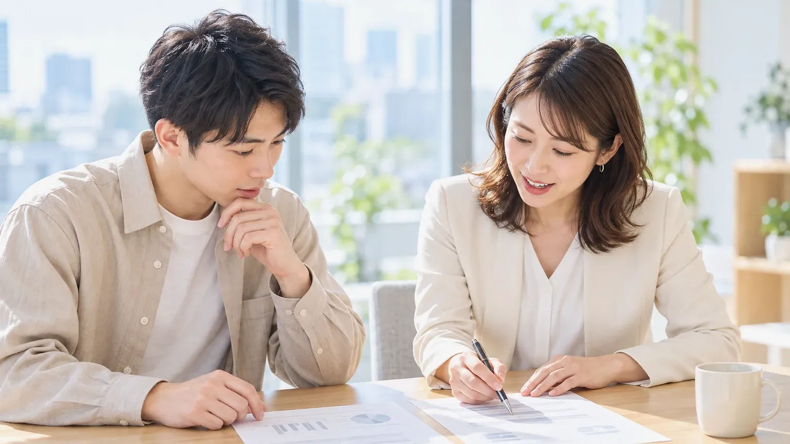 机に並べた2枚の資料を見比べながら、片方の行をペンで指して話し合っている担当者どうし
