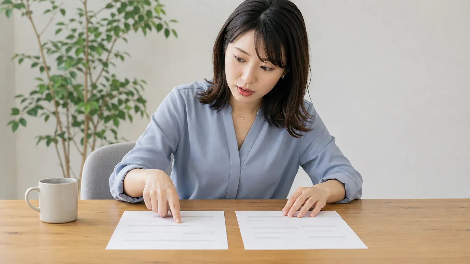 テーブルに2社の見積書を並べて前提の違いを指でたどりながら見比べる発注担当者