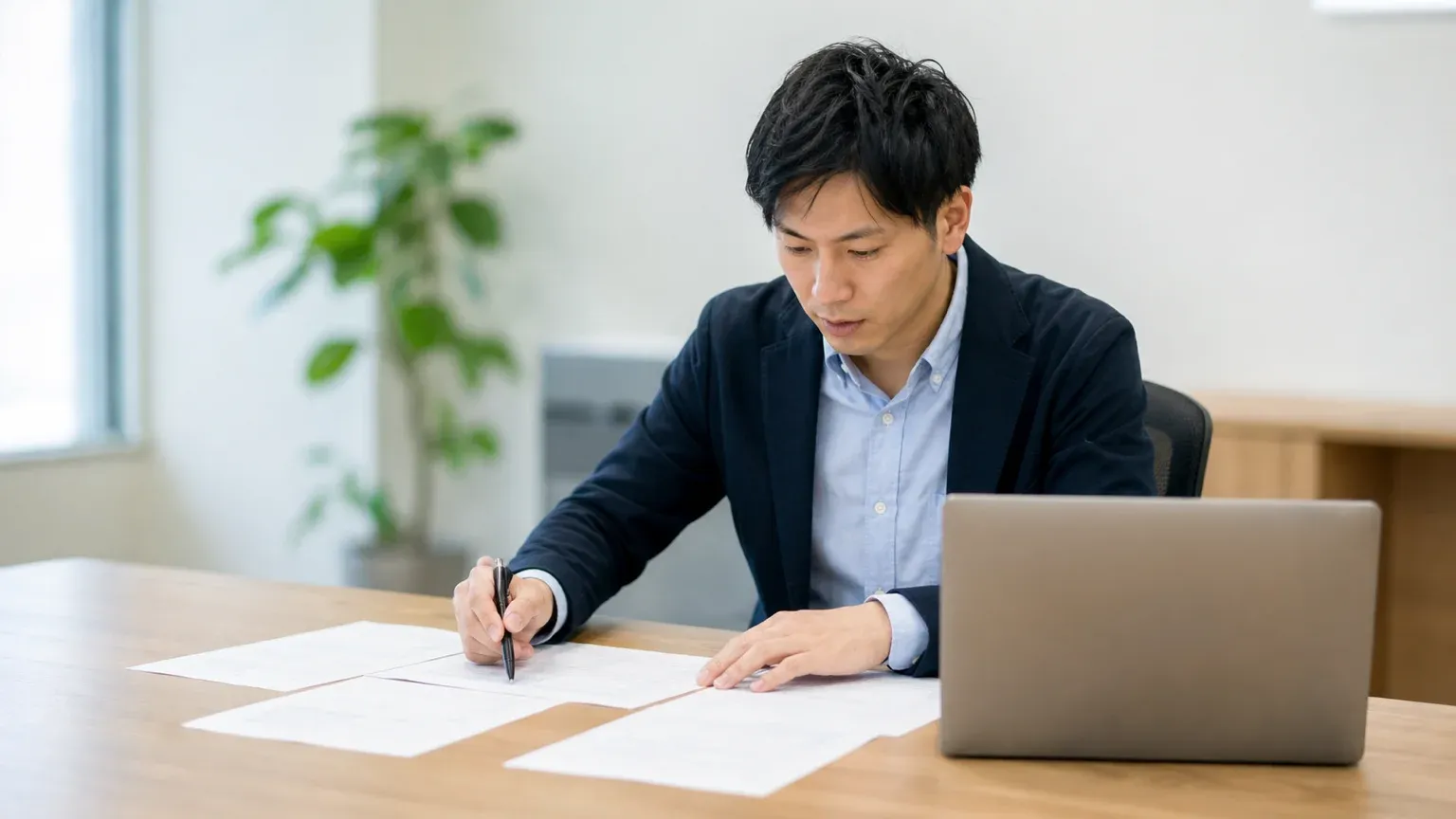 デスクに広げた業務一覧をペンでたどりAI開発の対象業務を検討する情報システム担当者
