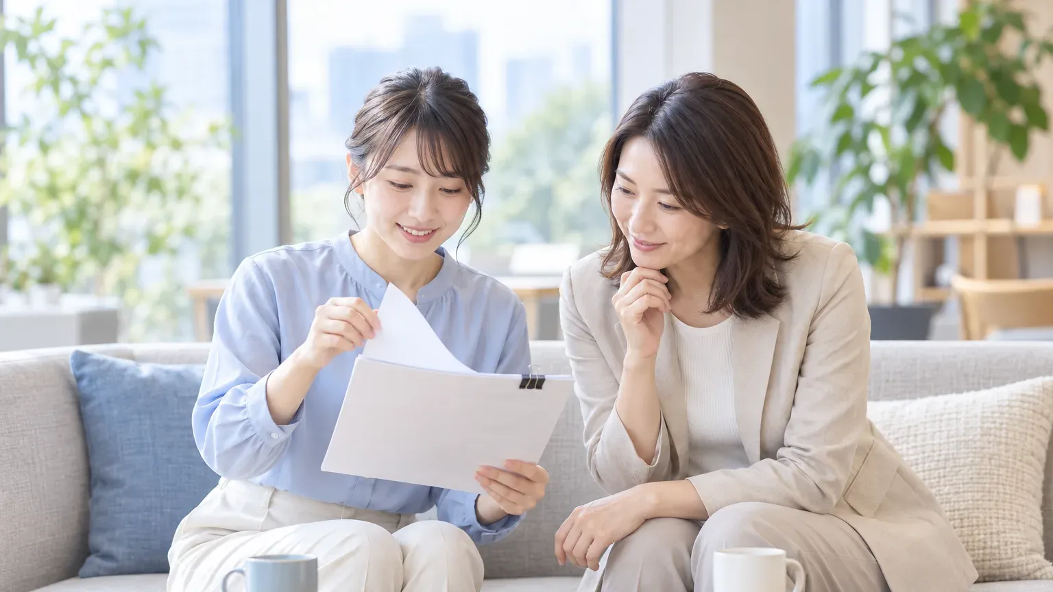 打ち合わせスペースのソファ席で、2人の担当者が綴じた書類を開いて最初のページを一緒に見ている場面