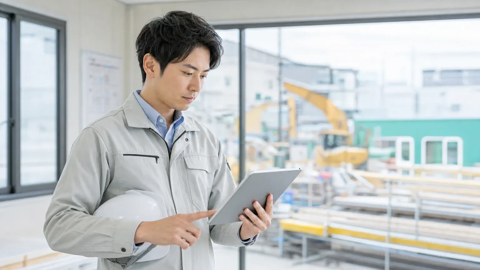 明るい現場事務所でヘルメットを持ちタブレットで施工状況を確認する30代の建設担当者