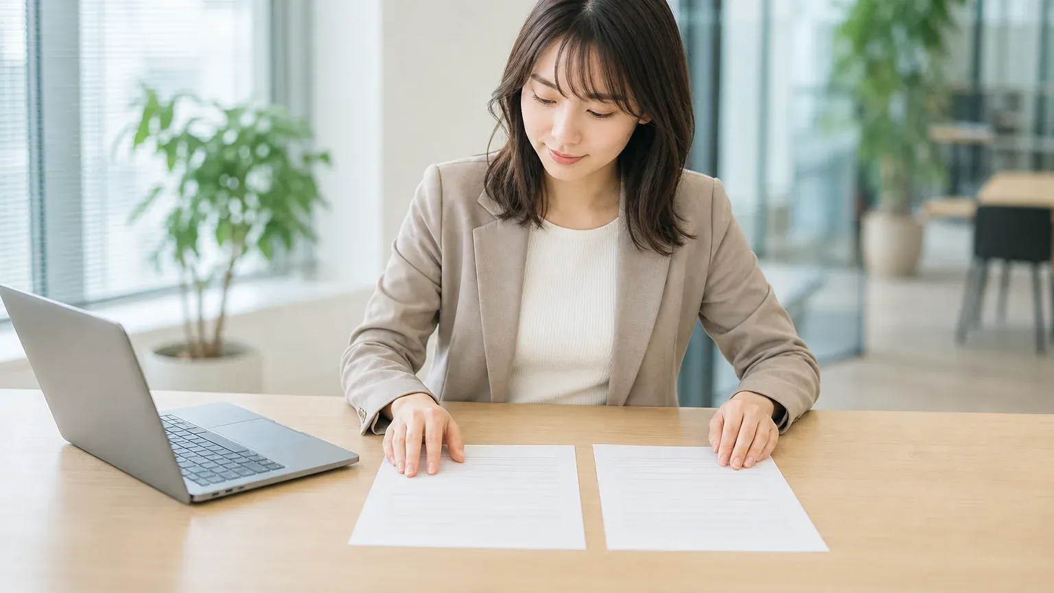 受託開発の契約書を2枚見比べ、請負契約か準委任契約かを検討する発注担当者