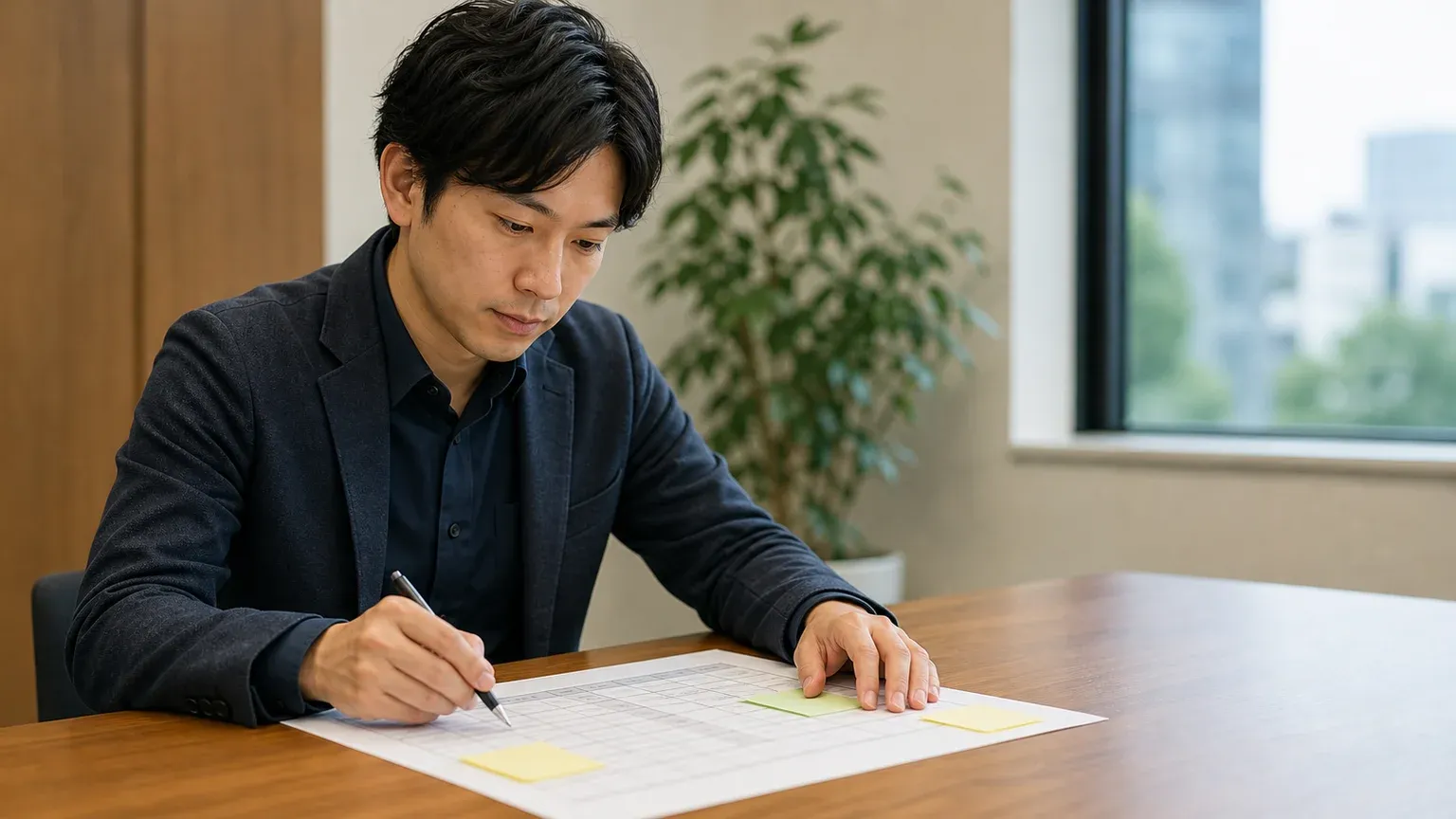 紙の業務一覧にペンで印を付けながら、どの業務からAIを試すか検討している30代男性の情報システム担当者