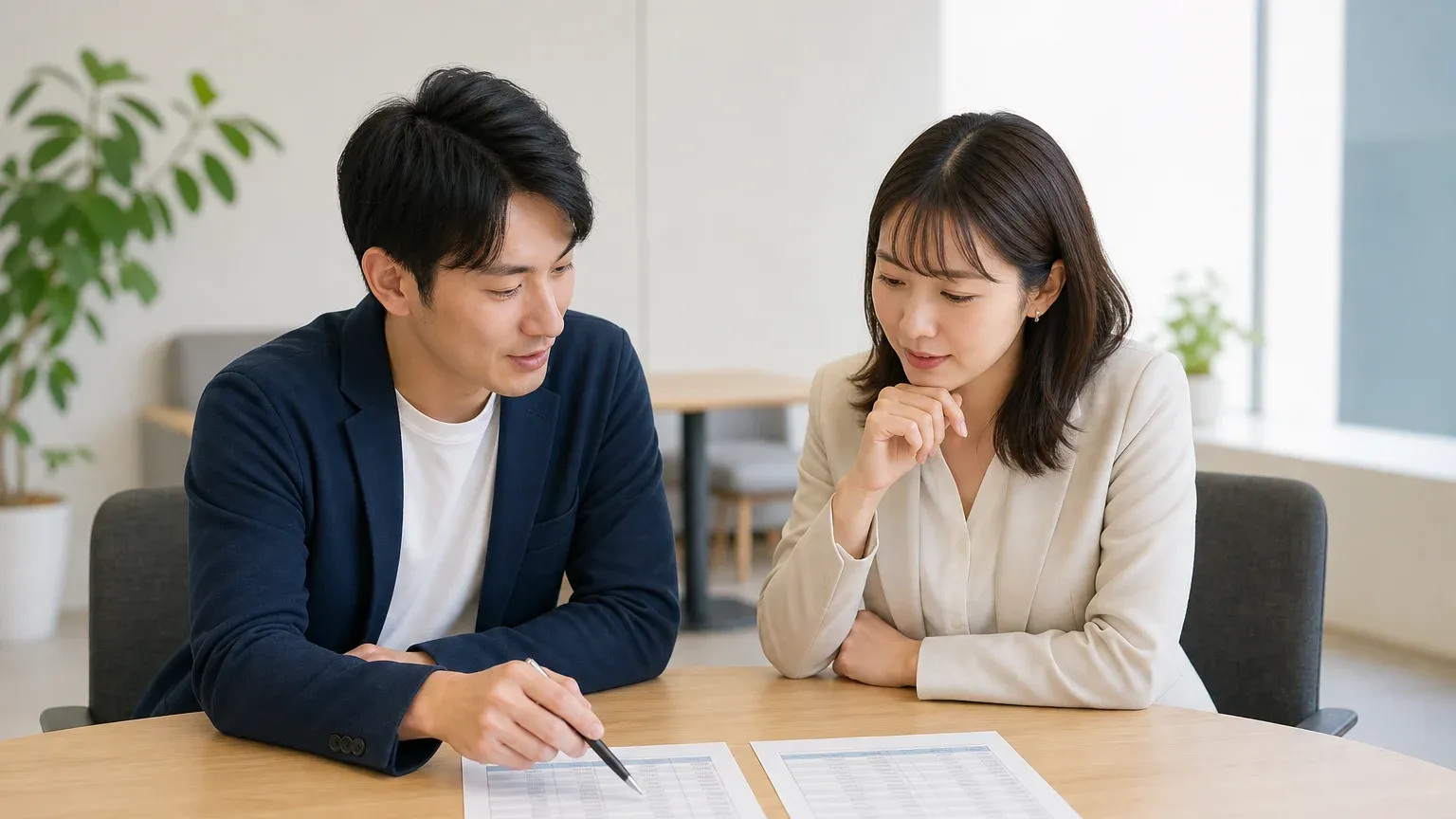机に並べた2枚の一覧表をペンで指しながら、どちらのデータを基準にするかを2人で確認している場面