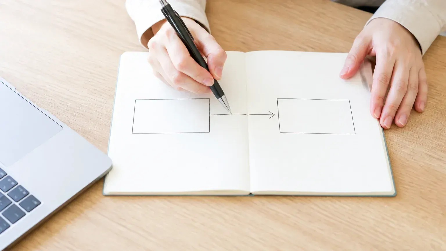 紙に連携する項目とデータの流れる方向を矢印で書き出して整理している手元