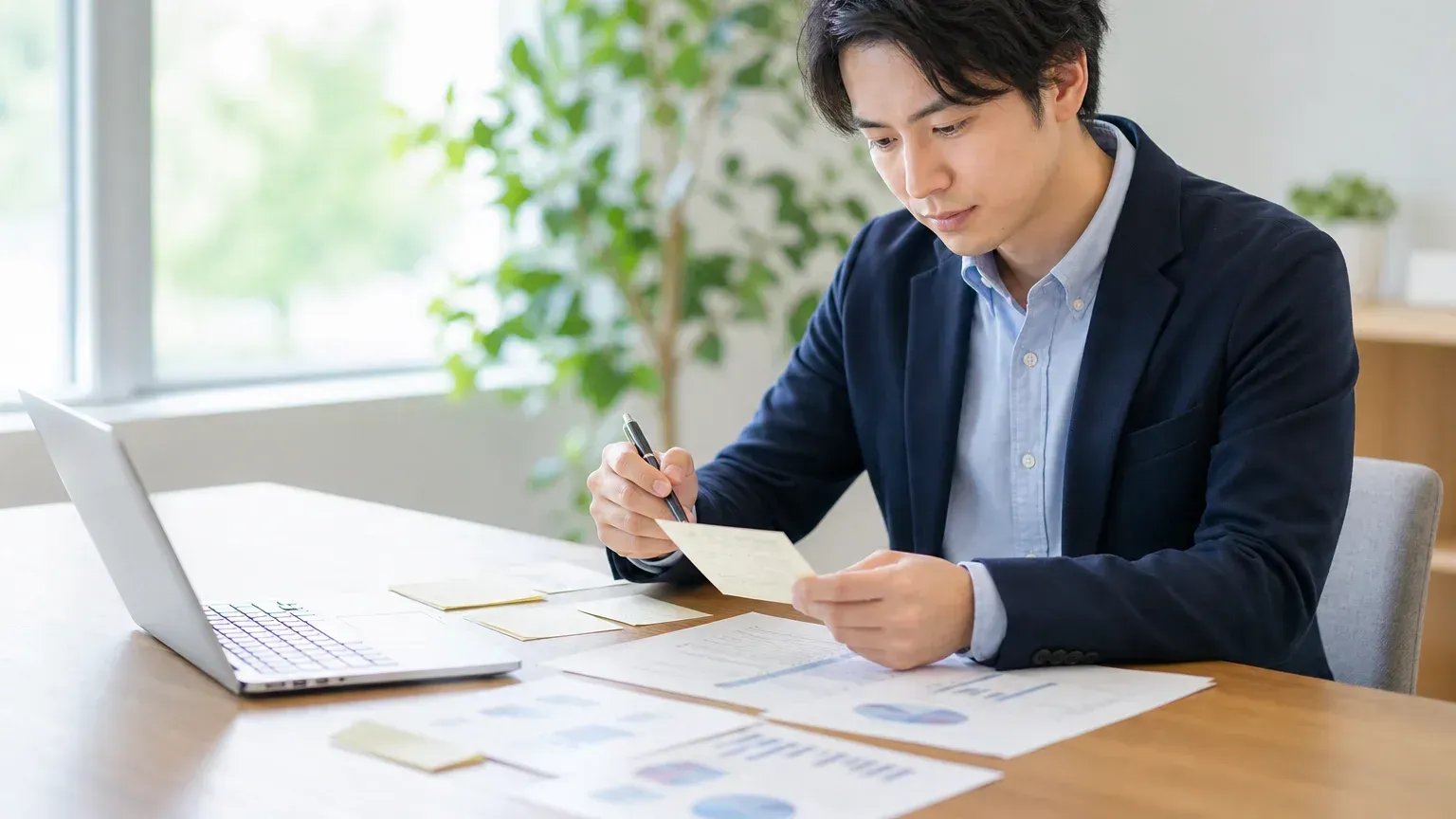 各部門から集めた業務の課題メモを見比べ、基幹システムの問題点を洗い出している30代男性の情報システム担当者