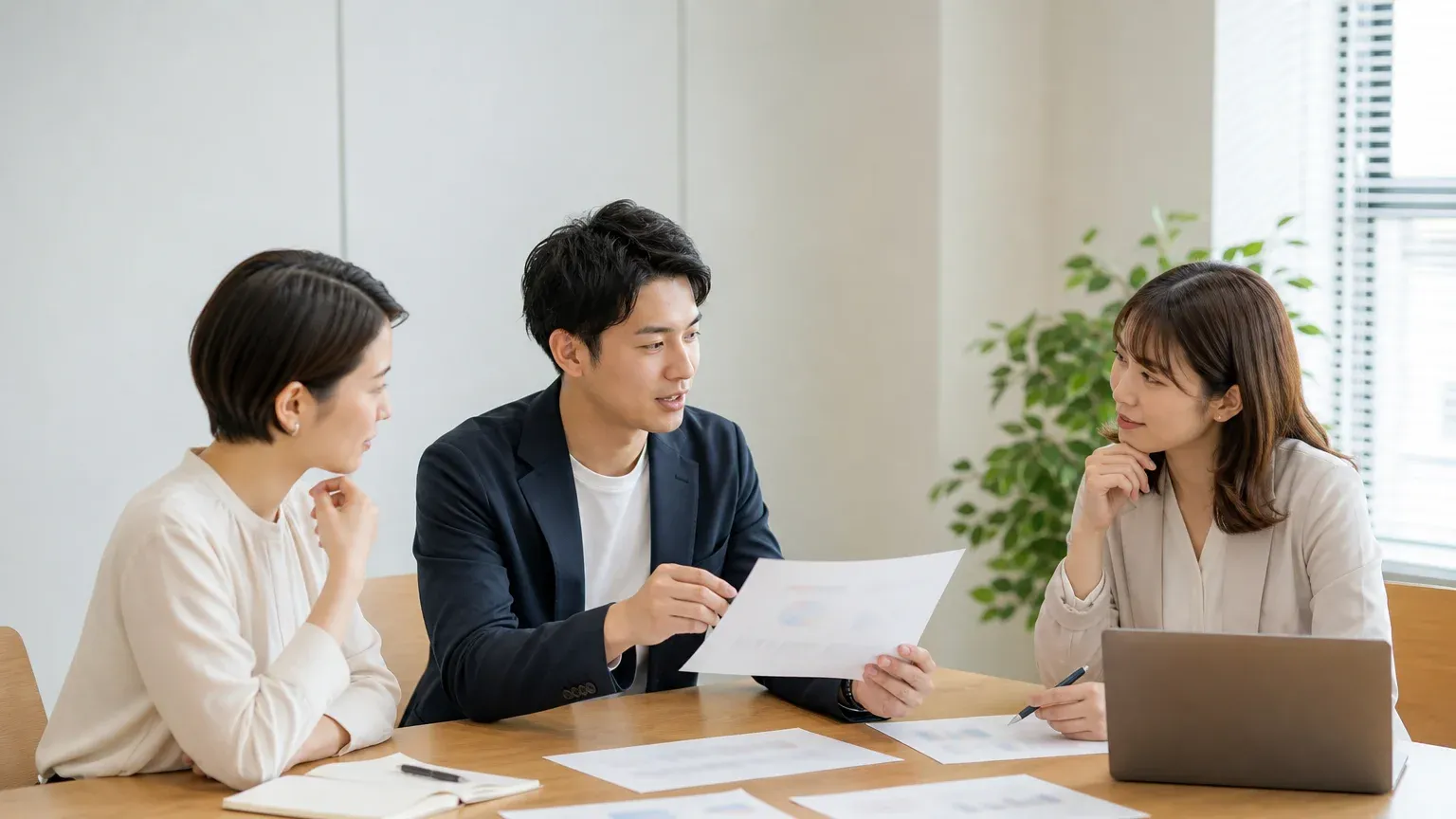 会議室で外部支援の提案を受け、基幹システム刷新の役割分担を確認している3名の担当者