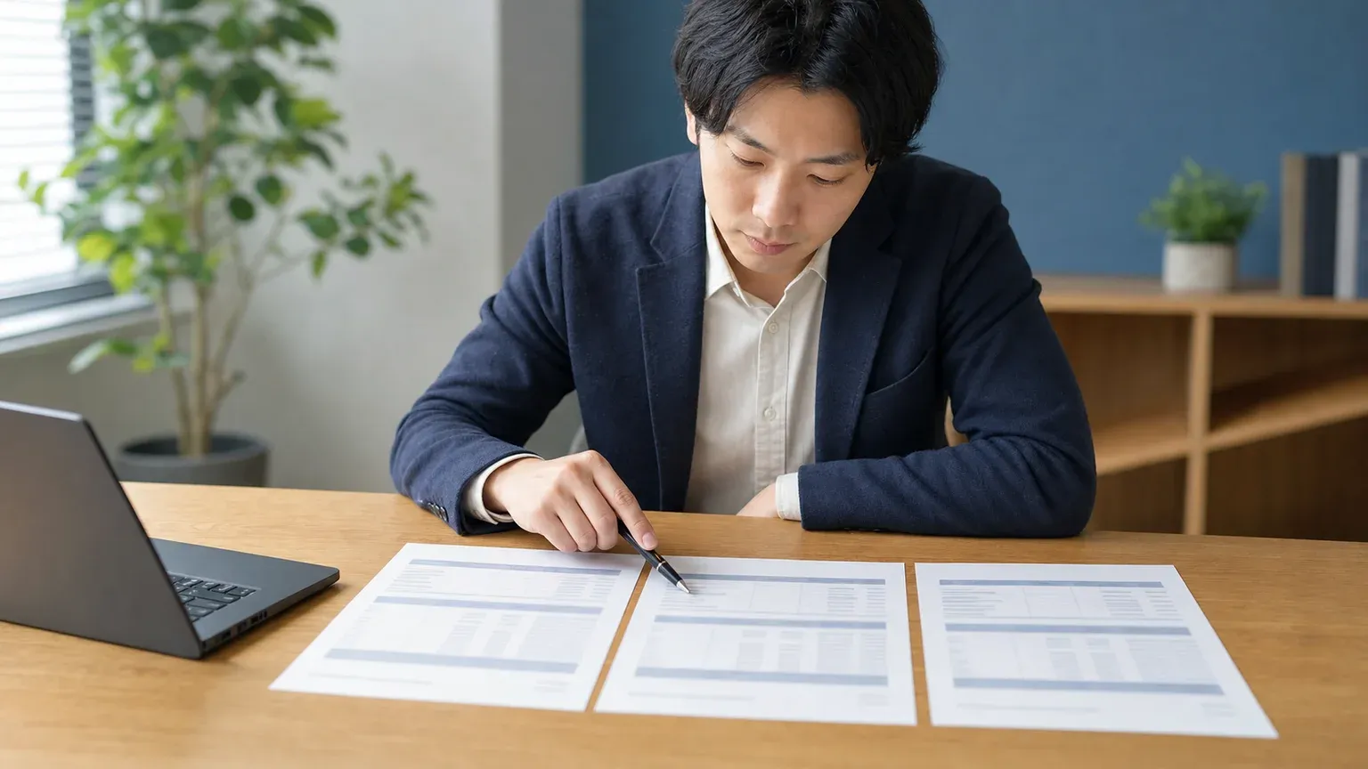 3社から届いた見積書を机に並べて金額の前提が揃っているかを確認している発注側の担当者