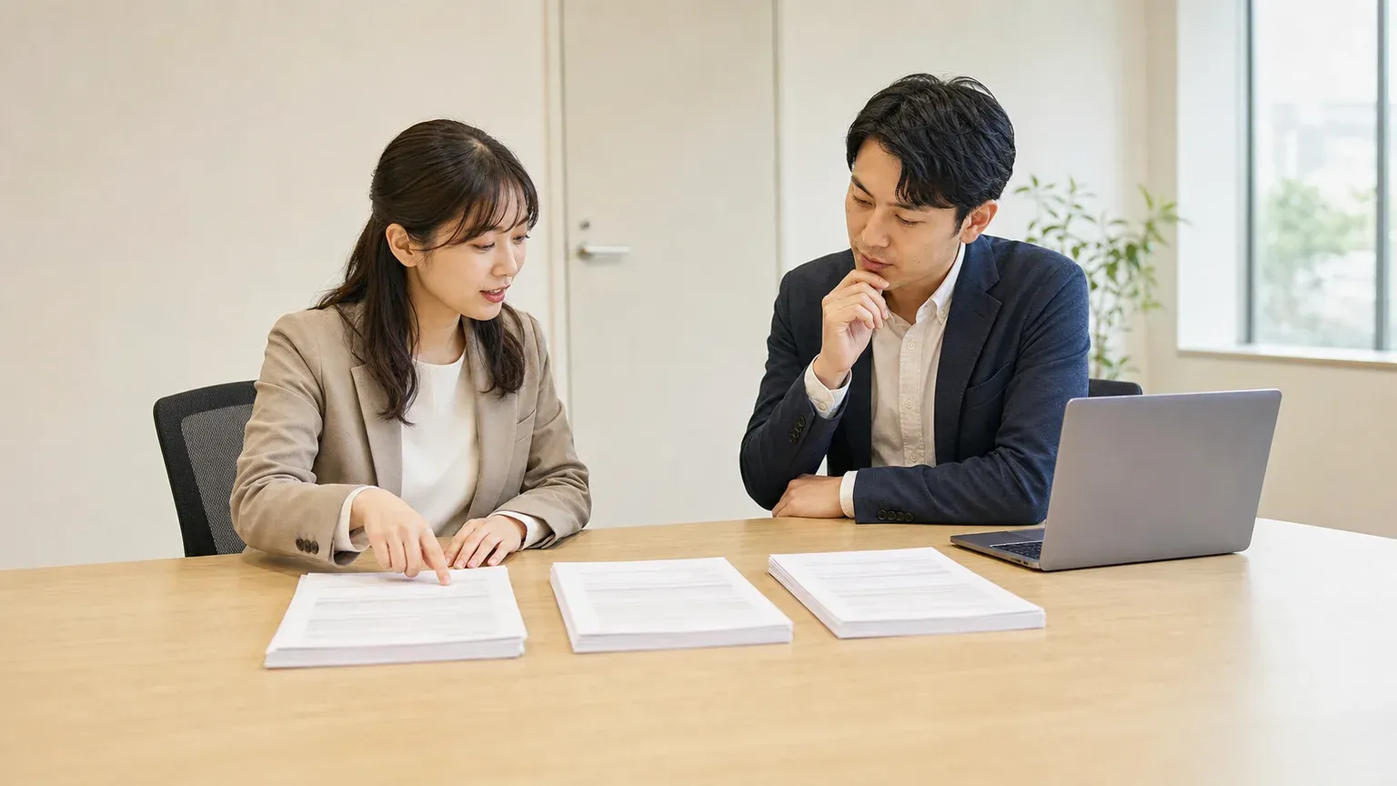 複数の開発会社から届いた提案書を会議室で並べて比較している発注側の担当者たち