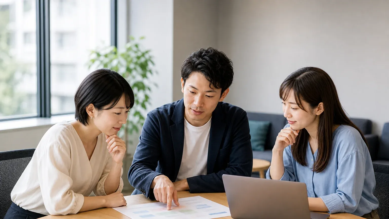 部署の違う3名が1枚の資料とノートPCを囲み、どの業務が止まると困るかを確認している様子