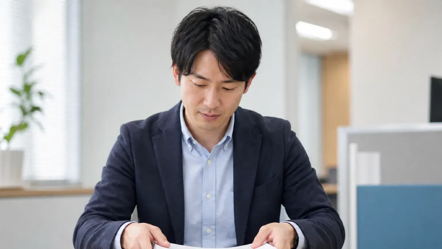 金融機関の本部で稟議書類を確認している事務企画の担当者