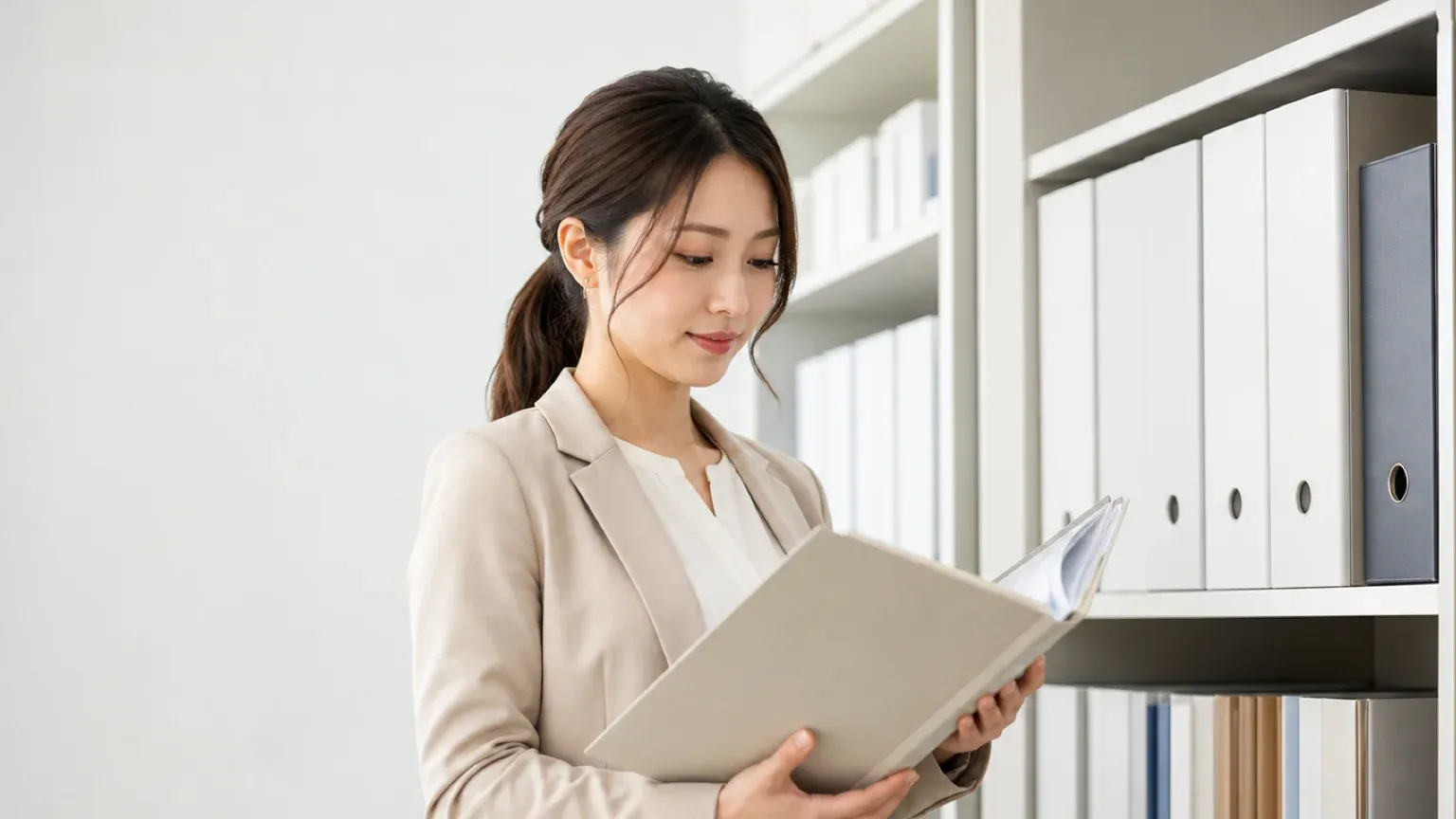 金融機関の書類キャビネット前でファイルを開いて確認する担当者