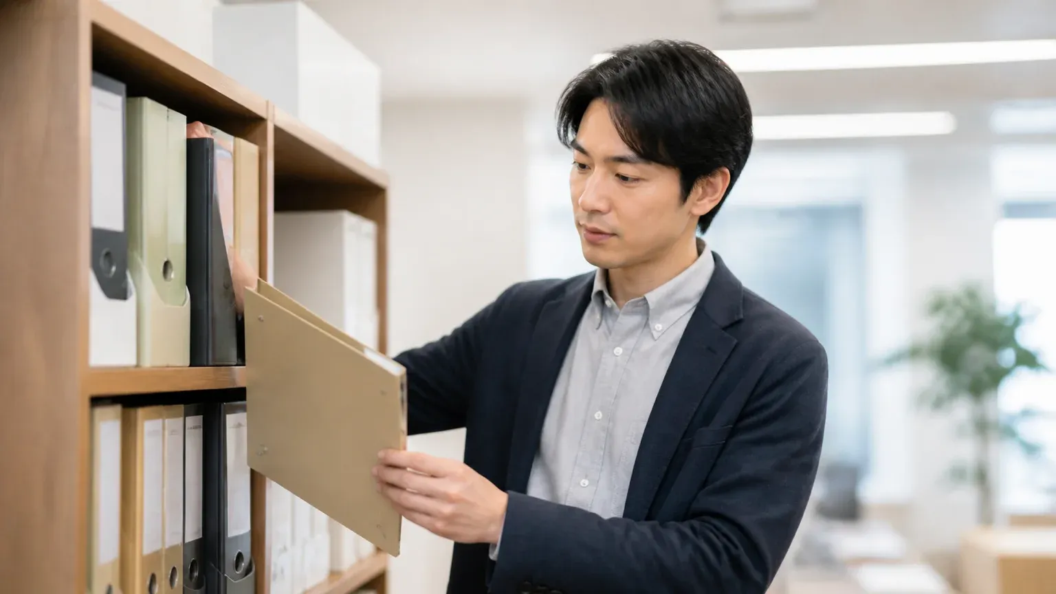 書類棚からバインダーを取り出して社内文書の保管状況を棚卸ししている担当者