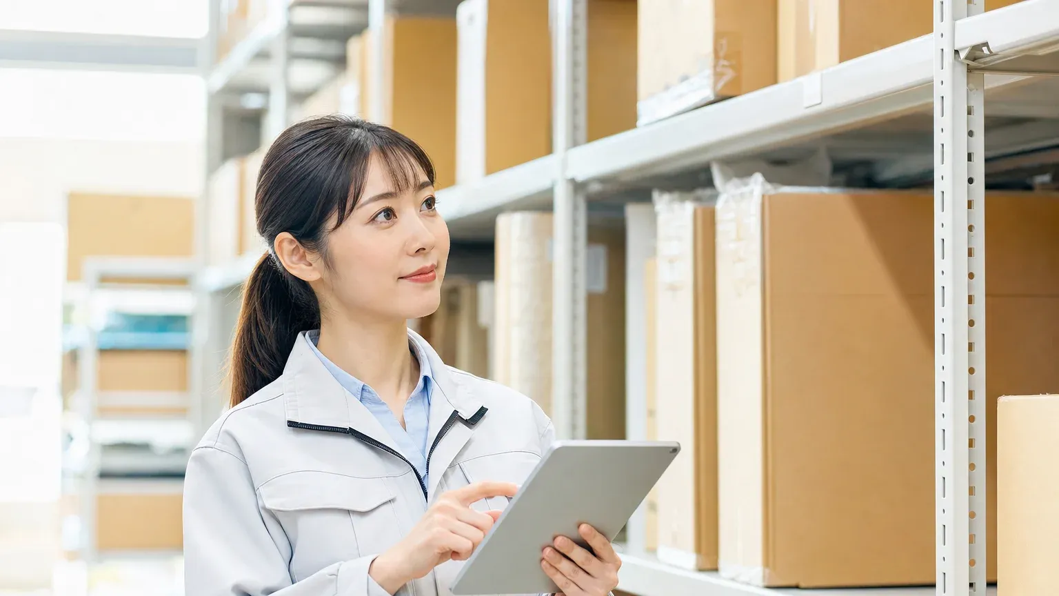 倉庫でタブレットを手に在庫を確認し在庫管理システムの開発を検討する担当者
