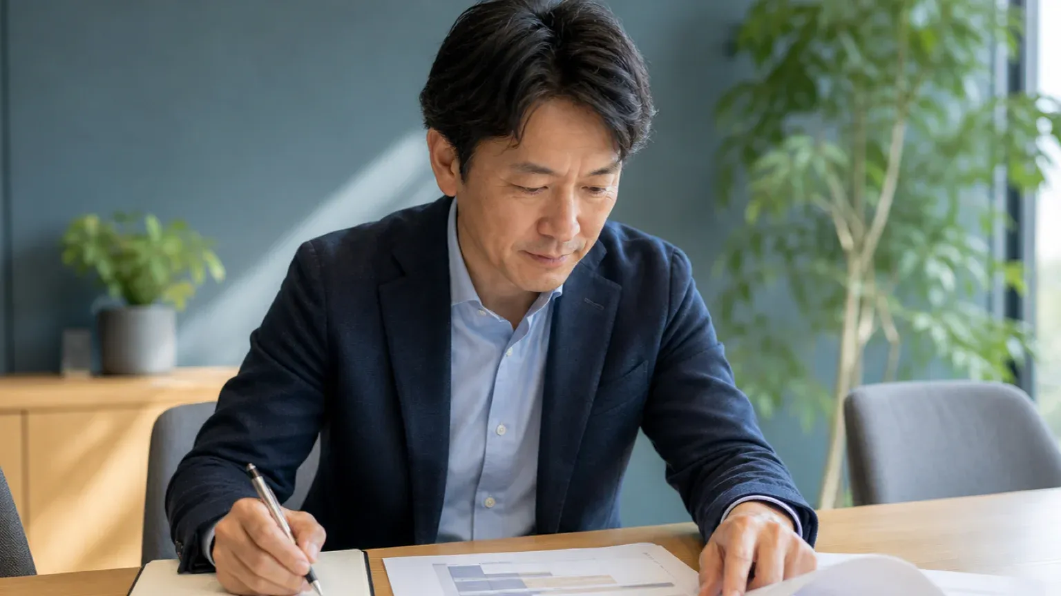 会議室で40代男性の発注担当者が開発会社の提案書をめくり、どの工程にAIを使う前提かを指で追いながら質問を書き留めている場面