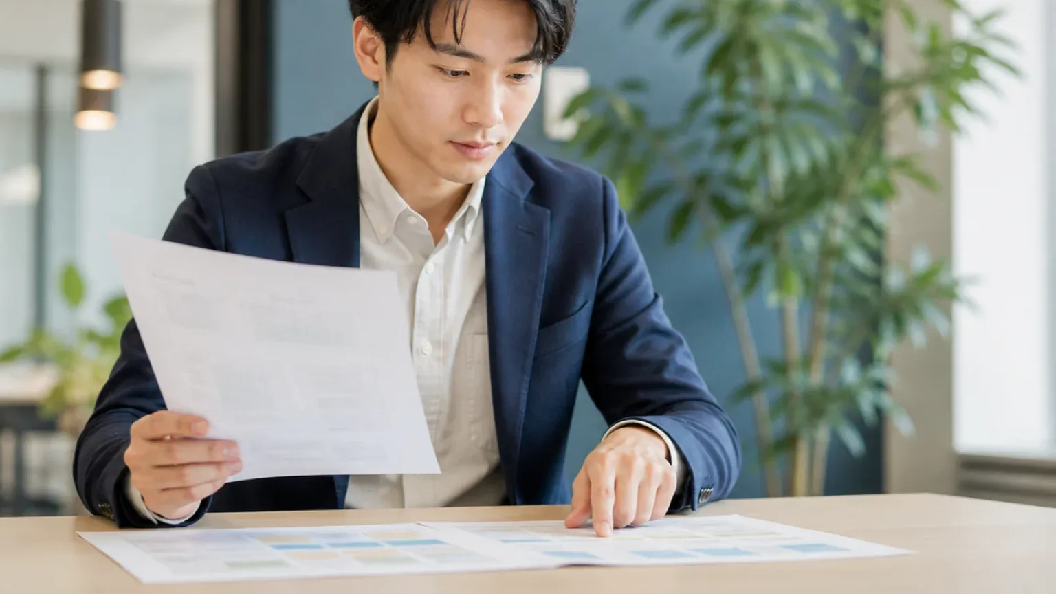 開発会社から受け取ったAI活用の提案書を手に持ち、机の工程表を指でなぞってどの工程が短くなる話なのかを確かめている20代男性の担当者