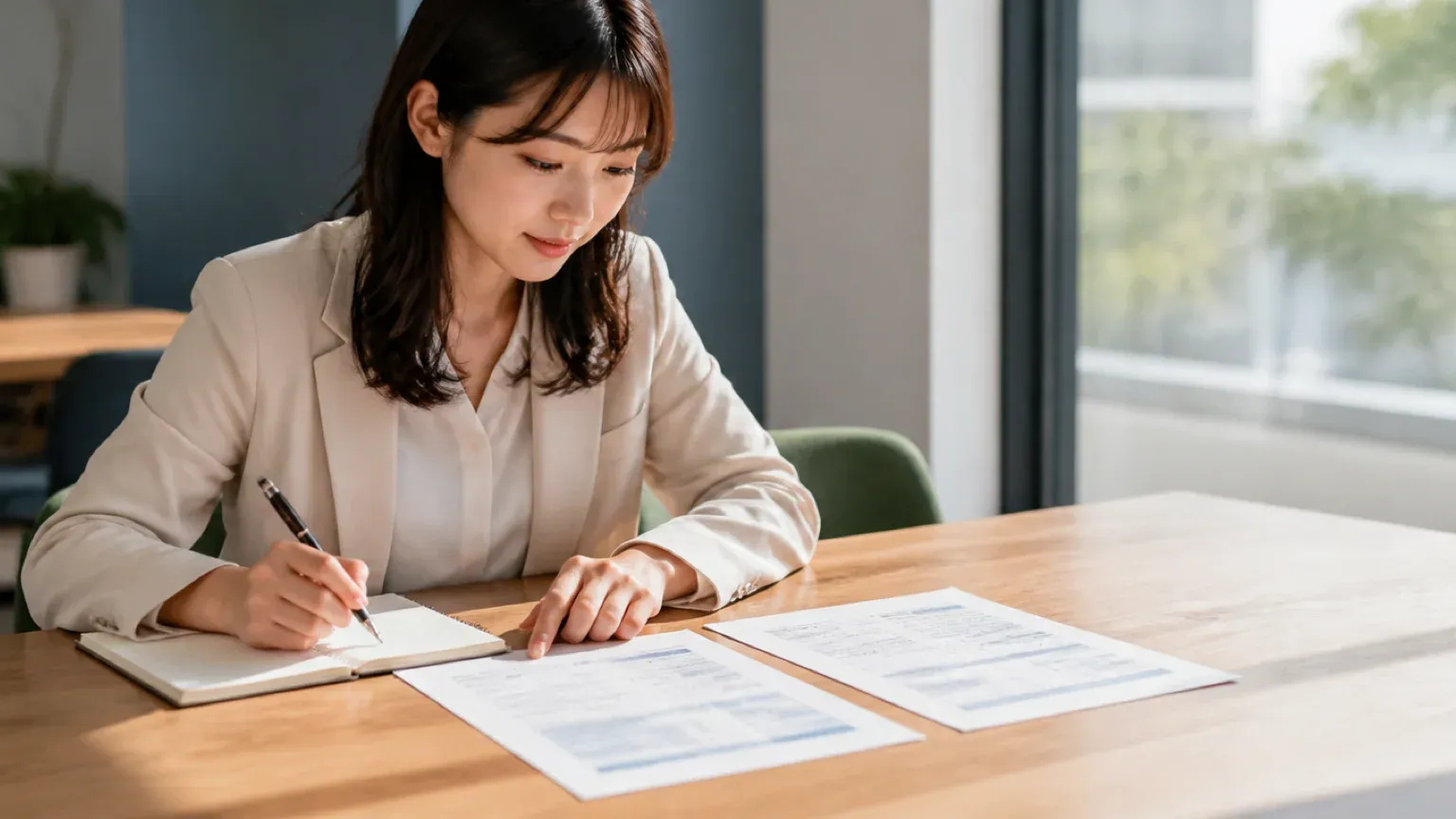 打ち合わせスペースで20代女性の担当者が調査の見積書と成果物の一覧を並べ、納品物の形式を確認しながらメモを取っている場面