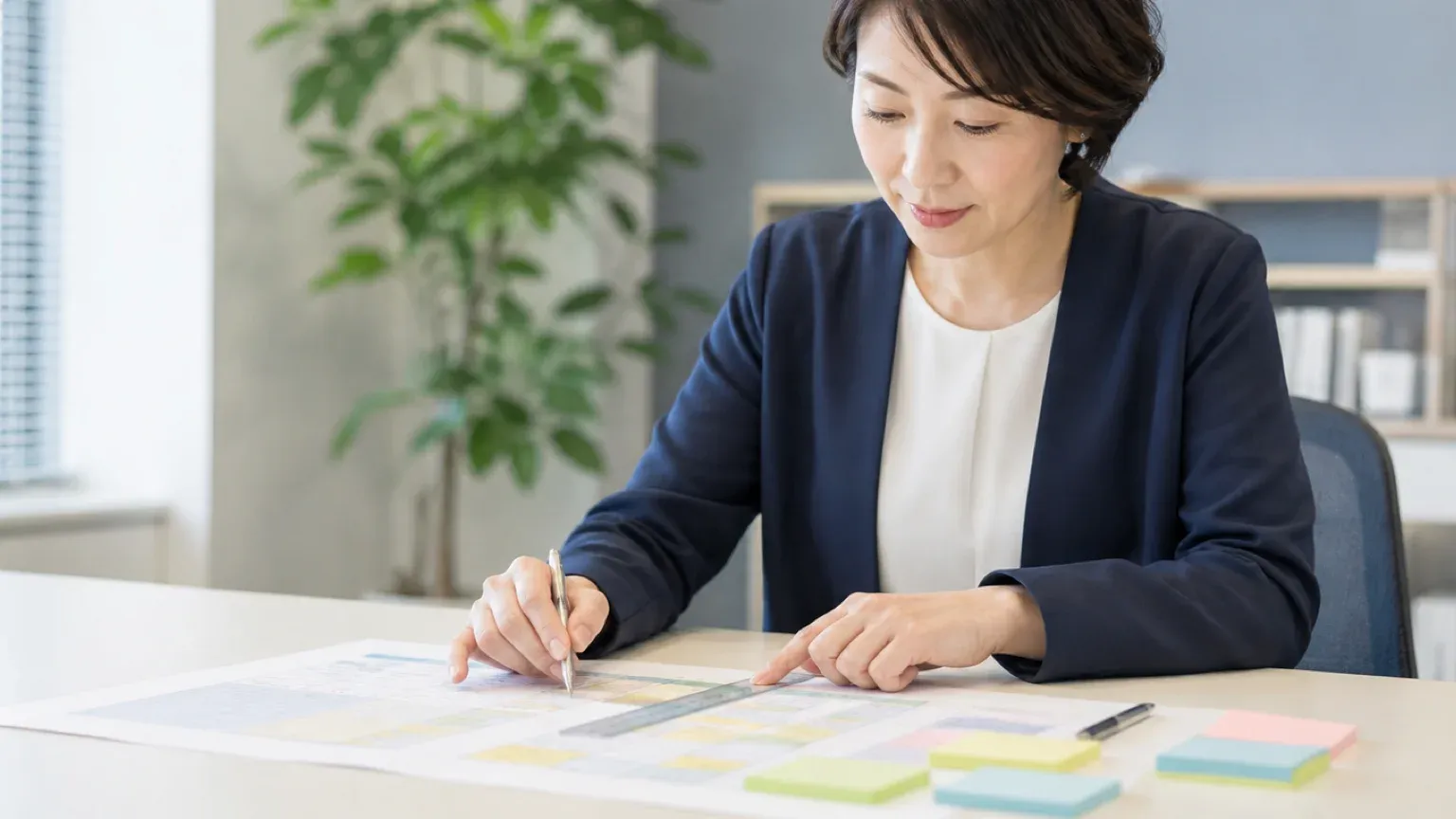 印刷した業務システムの機能一覧に定規を当て、どこまでを調査の対象にするか線を引いている40代女性の情報システム担当者