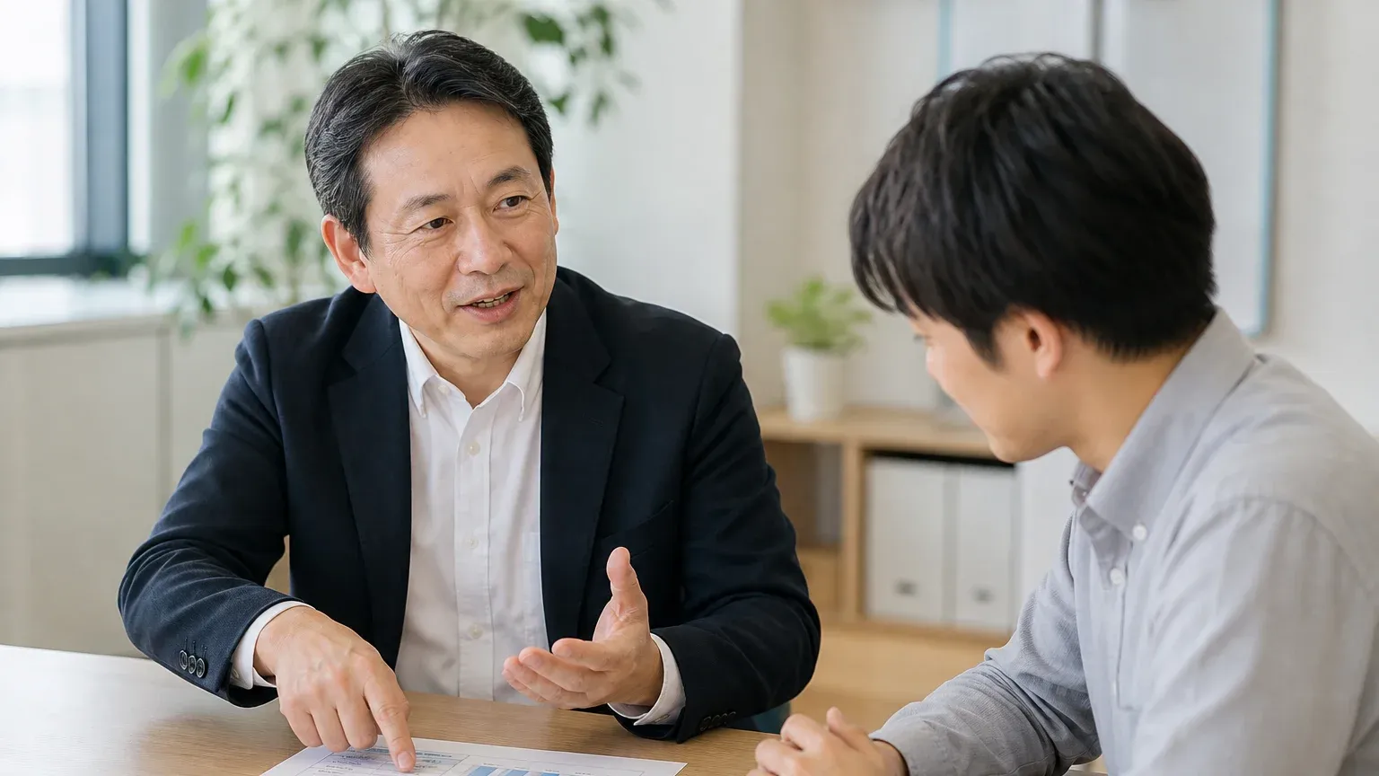 明るいオフィスで50代男性の担当者が経理担当に向けて、毎月の費用に変わることを資料を示しながら説明している引きの場面