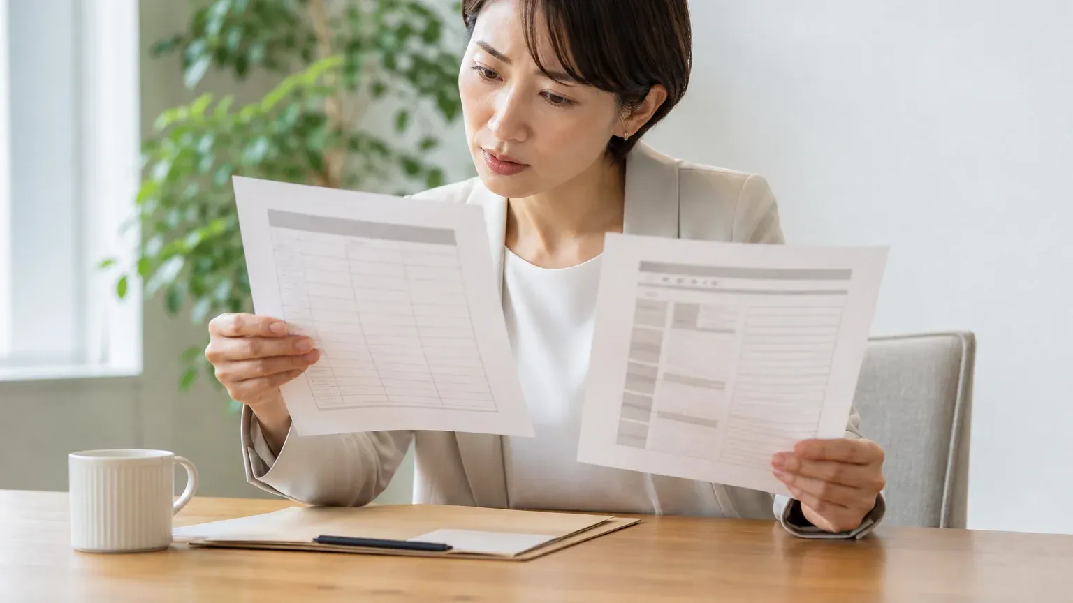 明るいオフィスのデスクで30代女性の担当者がサーバーの保守期限の通知書とシステム構成の資料を両手に持ち、見比べている場面