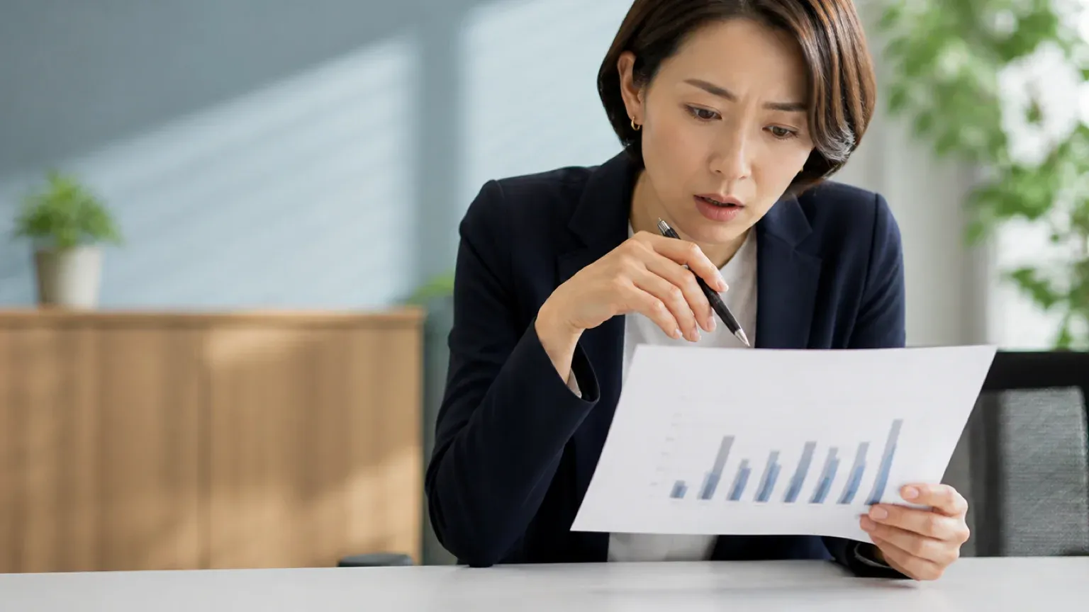 明るいオフィスで40代女性の担当者が、印刷した調査データの棒グラフをペンで追いながら内容を確かめている場面