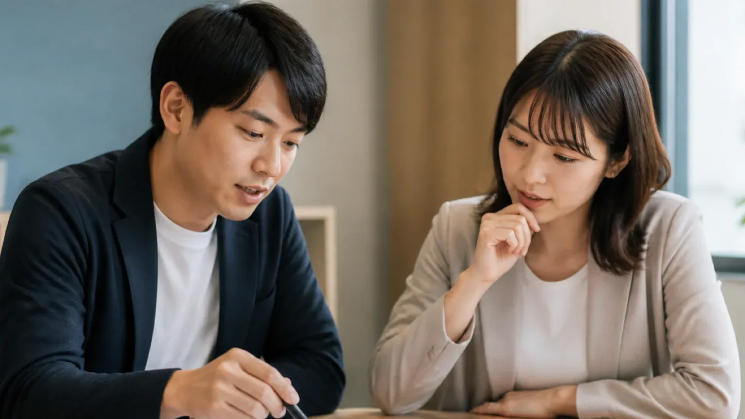 打ち合わせスペースで20代から30代の男女2名が候補となる開発会社の一覧を見比べ、問い合わせに書く内容を相談している寄りの場面