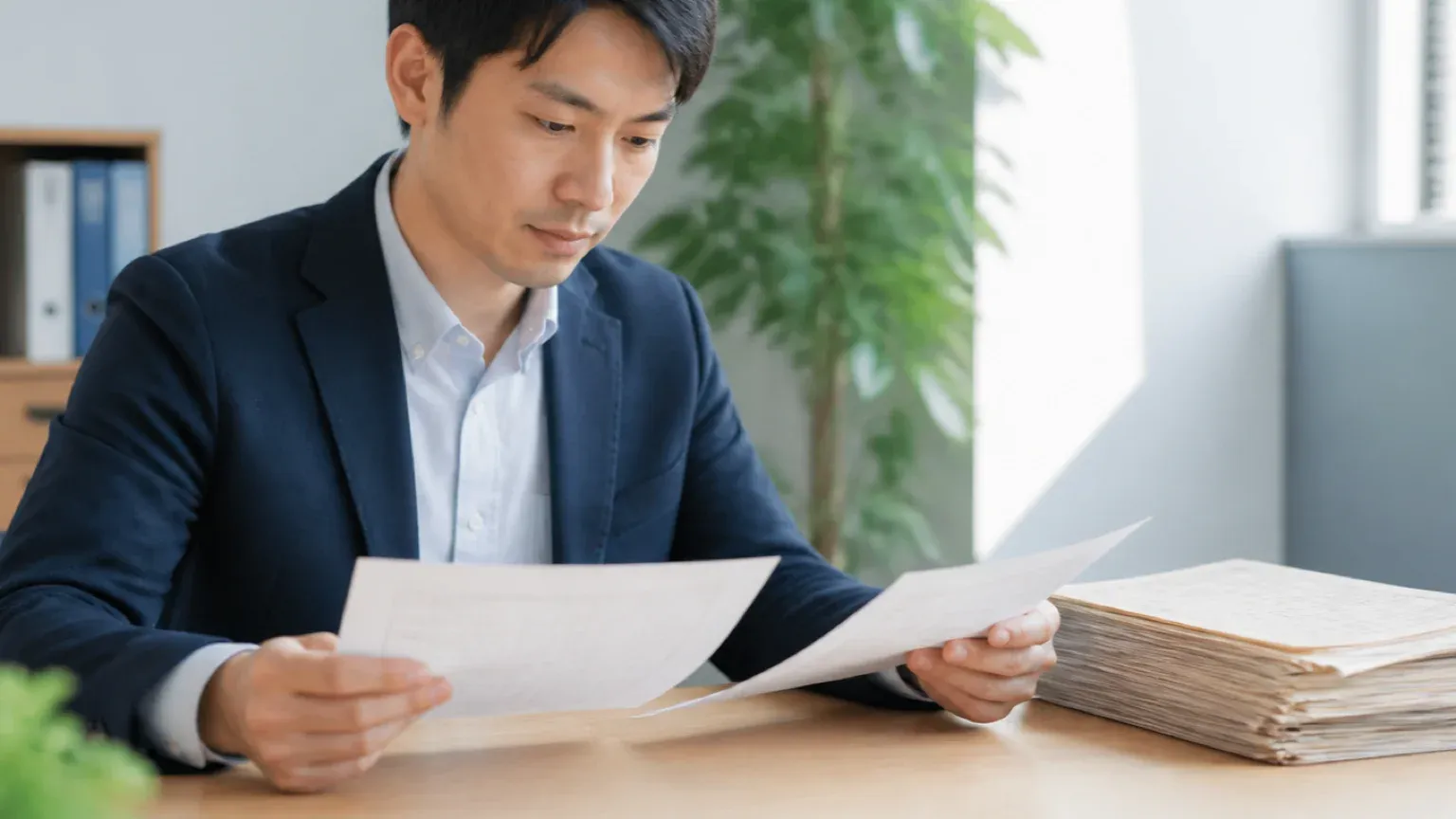 年季の入った紙の帳票の束と印刷した現行システムの一覧を見比べ、どこに問い合わせるかを検討している30代男性の担当者