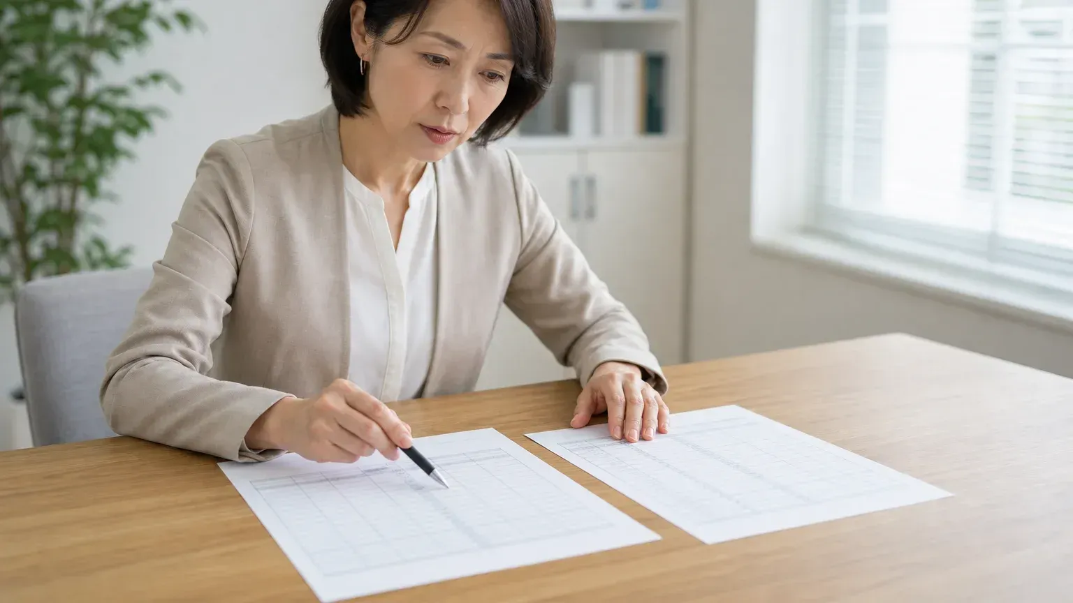 明るいオフィスのデスクで40代女性の担当者が改修の見積書と過去の改修履歴を並べ、ペンで内訳をたどりながら追加費用の妥当性を確認している場面