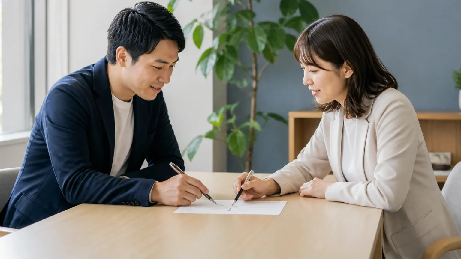 打ち合わせスペースで男女2名の担当者が1枚の紙を挟んで向き合い、現行ベンダーに続けるか他社にも声をかけるかの選択肢を書き出しながら相談している様子