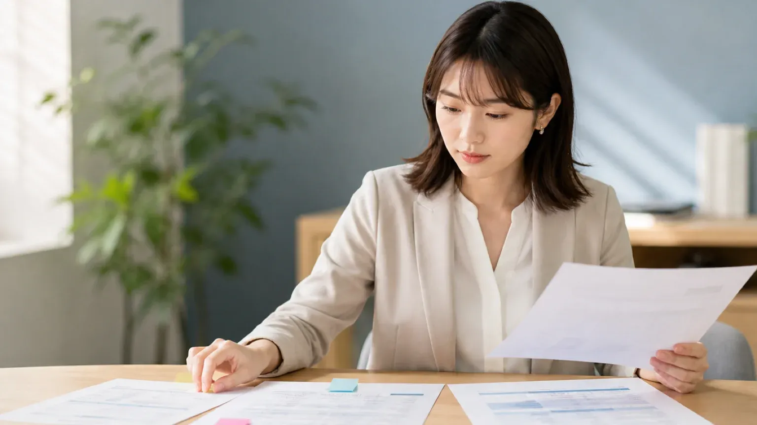 複数の開発会社から届いた提案書を机に並べ、確認したい項目に色違いの付箋を貼りながら見比べている20代女性の担当者