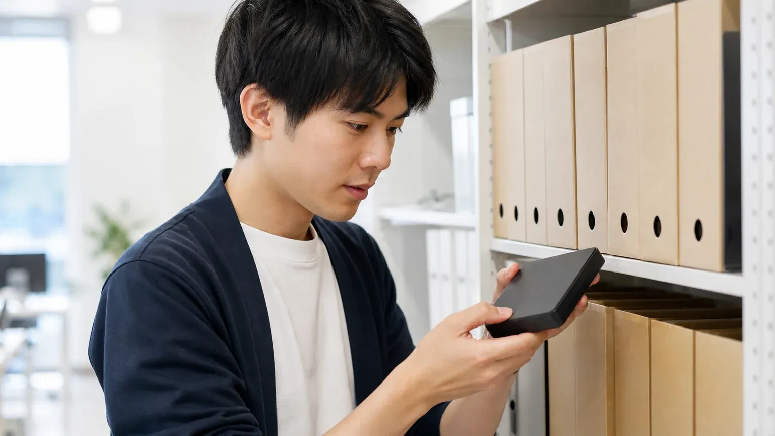 オフィスの保管棚の前で20代男性の担当者がバックアップ用の外付け媒体を手に取り、保管状況を確認している寄りの場面