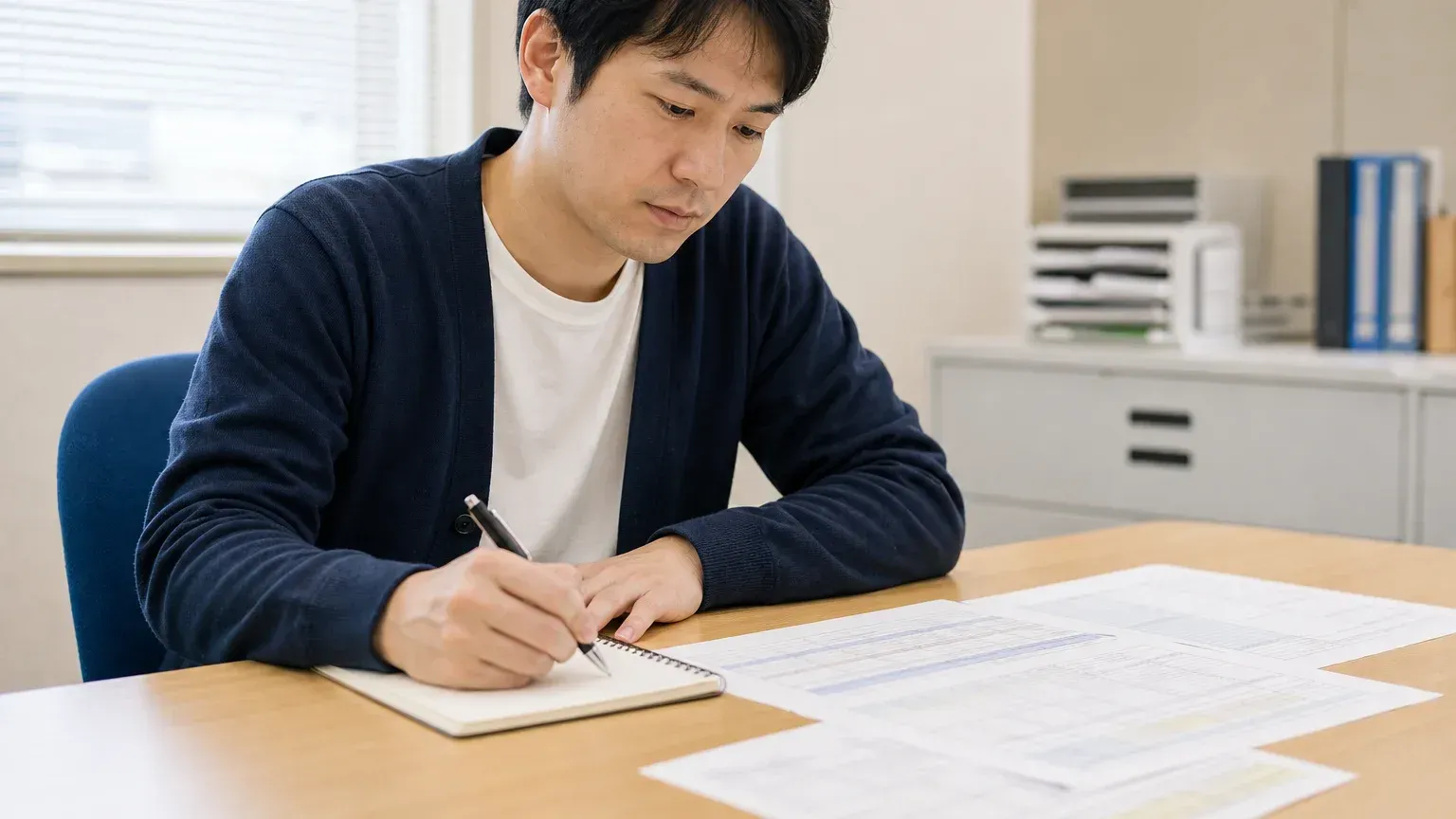 オフィスのデスクで30代男性の兼務担当者が古いシステムの資料を前に一人で考え込み、手元のメモに検討事項を書き出している寄りの場面