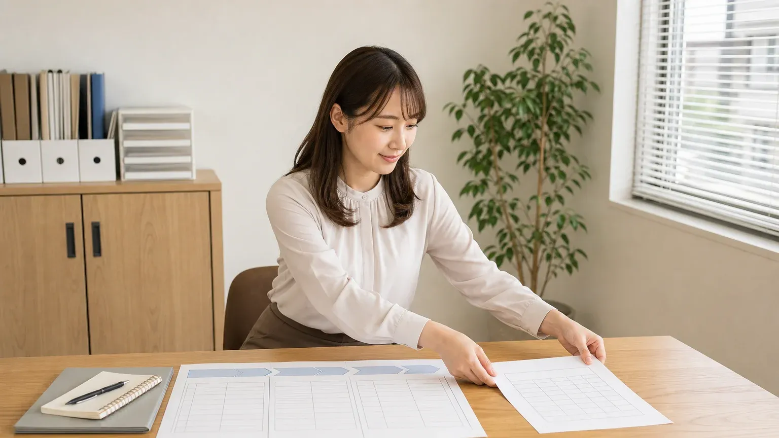 明るいオフィスで20代女性の担当者が段階ごとに分けた予算の一覧を前に、次の段階の準備として資料を並べている引きの場面