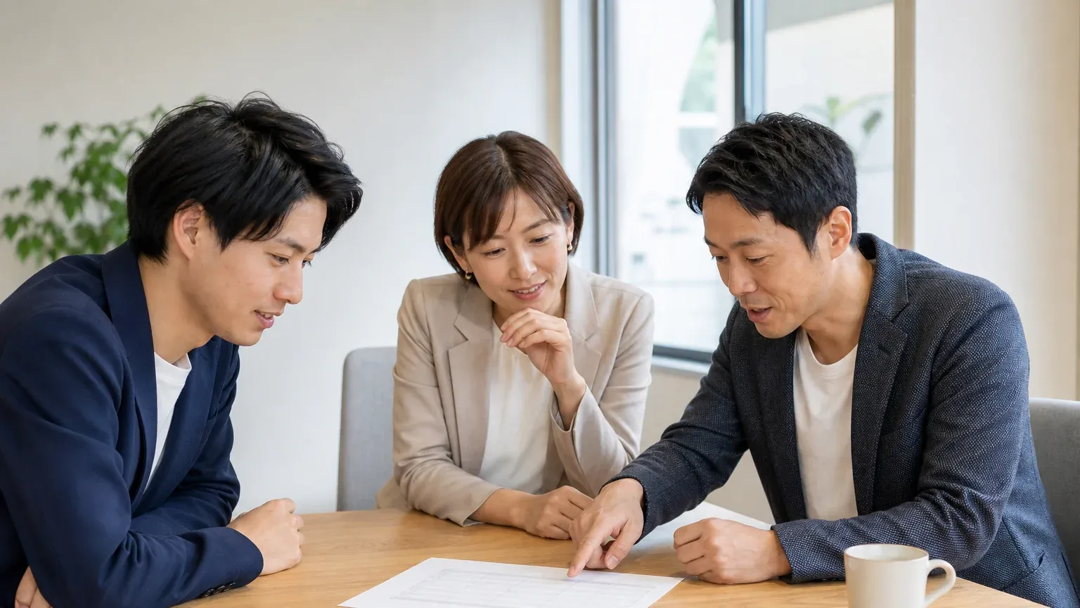中小企業の会議スペースで20代から40代の男女3名が1枚の資料を囲み、1名が資料を指しながら刷新の進め方を決めようとしている場面