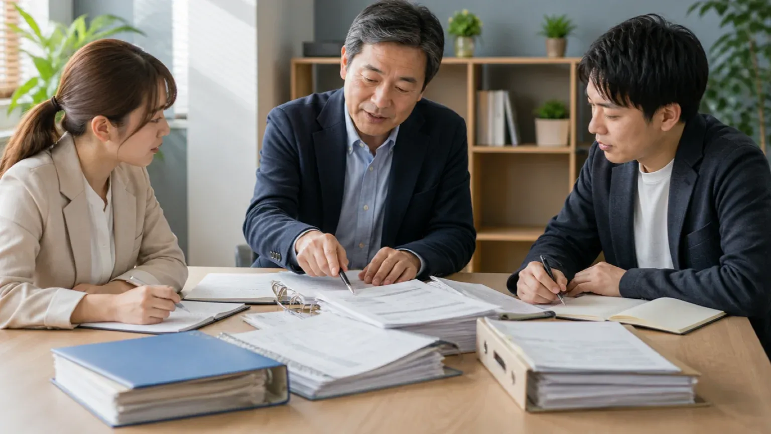 オフィスの机に古い運用手順のバインダーと帳票を広げ、ベテラン社員と若手2名が引き継ぐ項目を棚卸ししている引きの場面