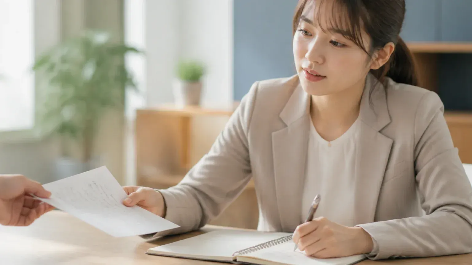 先輩から渡された手書きの引き継ぎメモを受け取り、聞いた内容をノートに書き足している20代女性の担当者