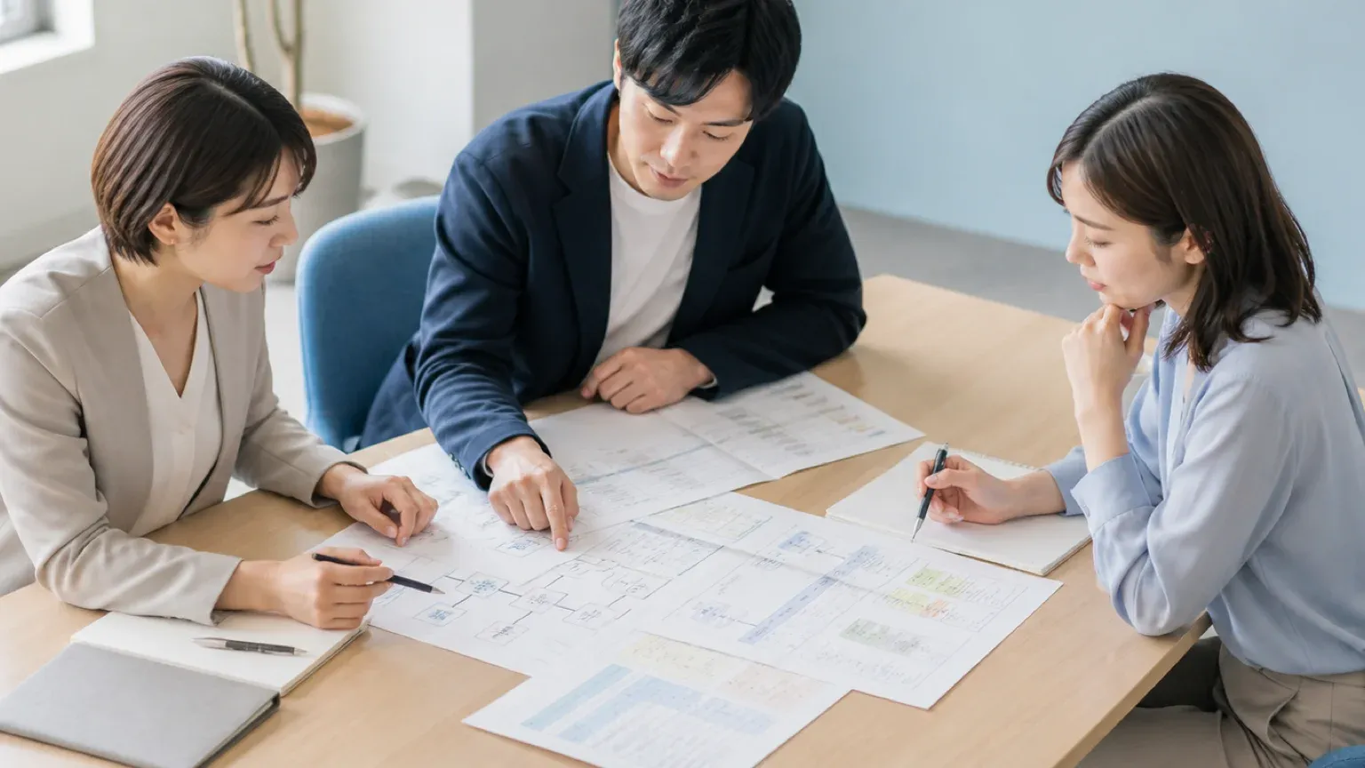 会議室のテーブルに紙のシステム一覧を広げ、20代から40代の担当者3名が仕様の残っていない箇所を見比べている様子
