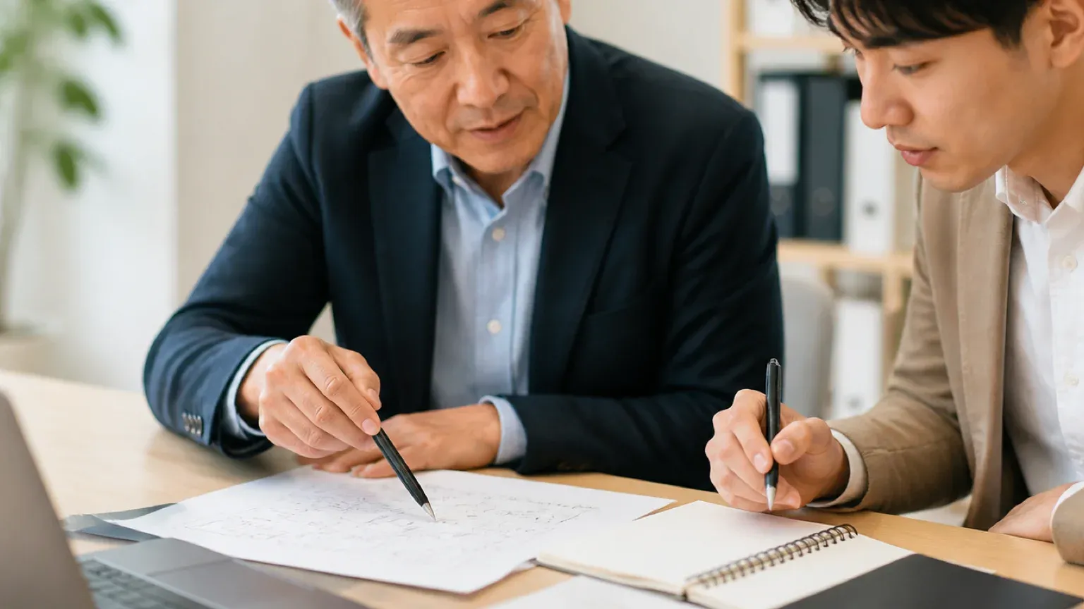 デスクの脇でベテラン社員が手書きの構成メモを広げ、隣に座る若手社員へシステムの引き継ぎを説明している手元中心の場面