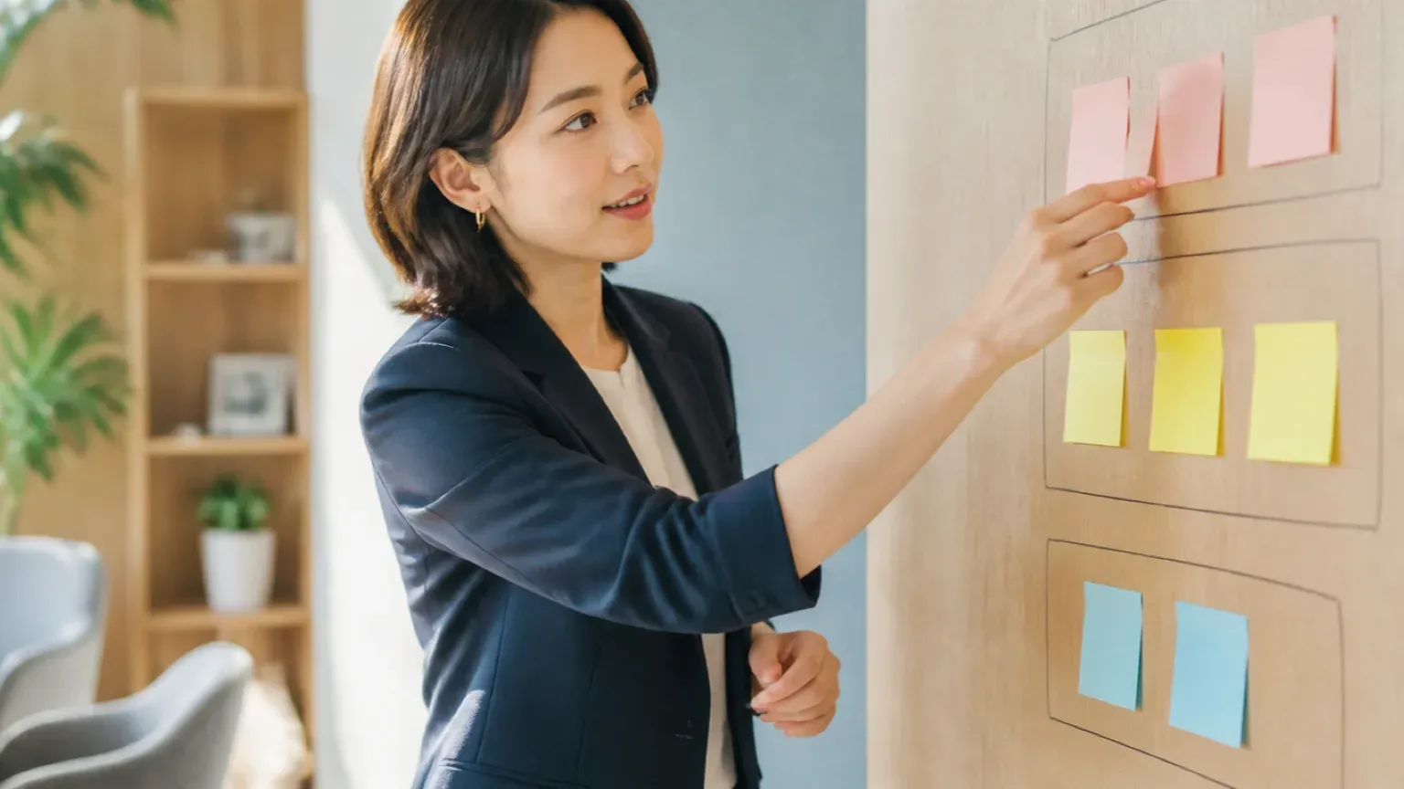 木目のボードに貼った付箋を並べ替えながら、社内の業務システムのうちどれが事業の足かせになっているかを仕分けしている30代女性の担当者