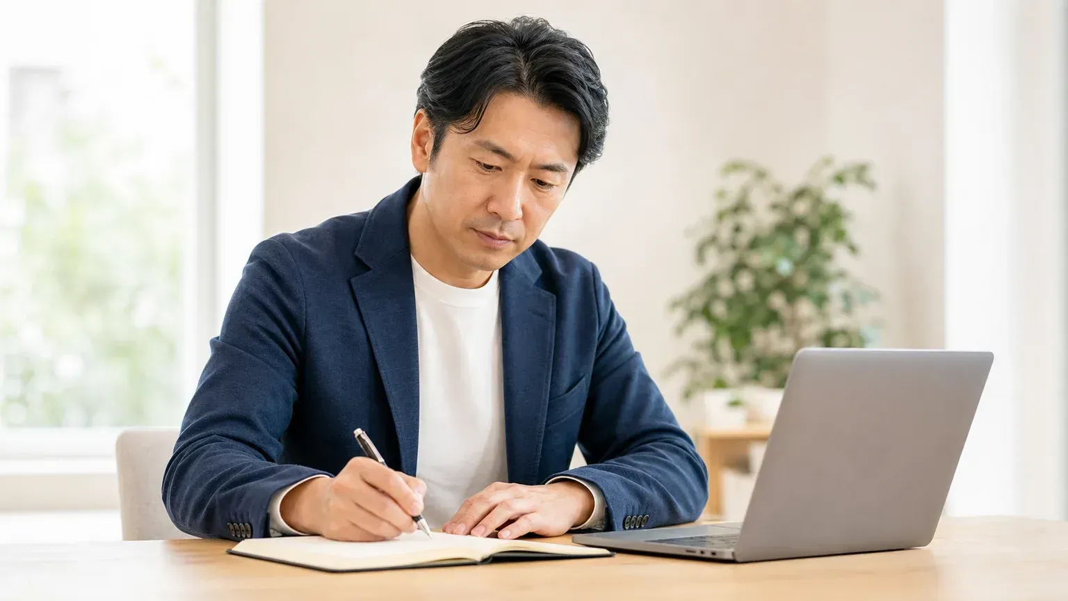 システム開発の依頼前に要件や目的をノートへ書き出して整理する発注担当者